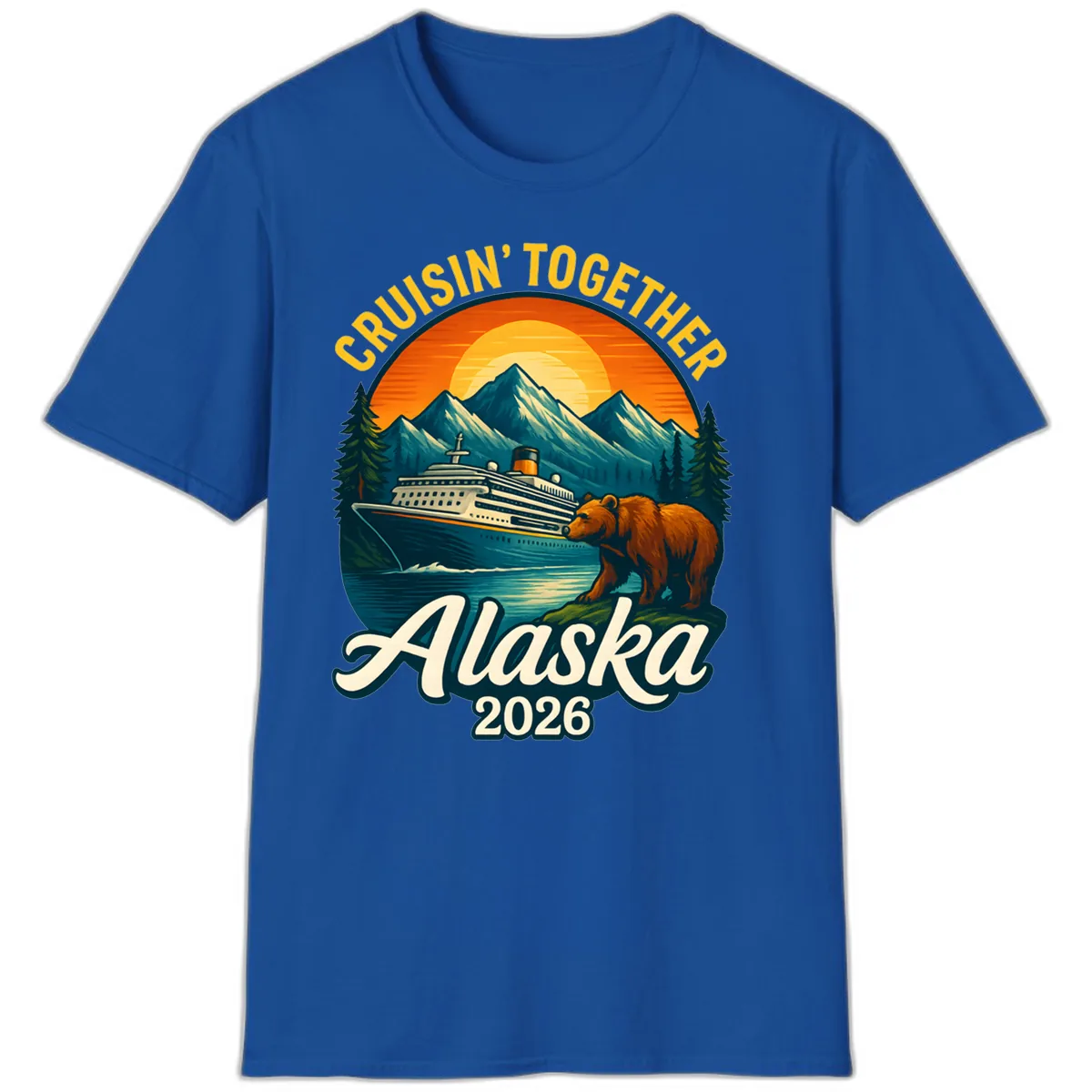 Cruisin' Together Alaska 2026 Bear & Ship Design T-Shirt in Royal