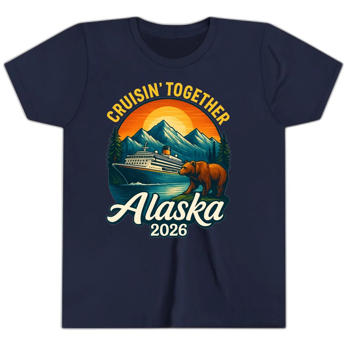 Cruisin' Together Alaska 2026 Bear & Ship Design Youth T-Shirt in Navy