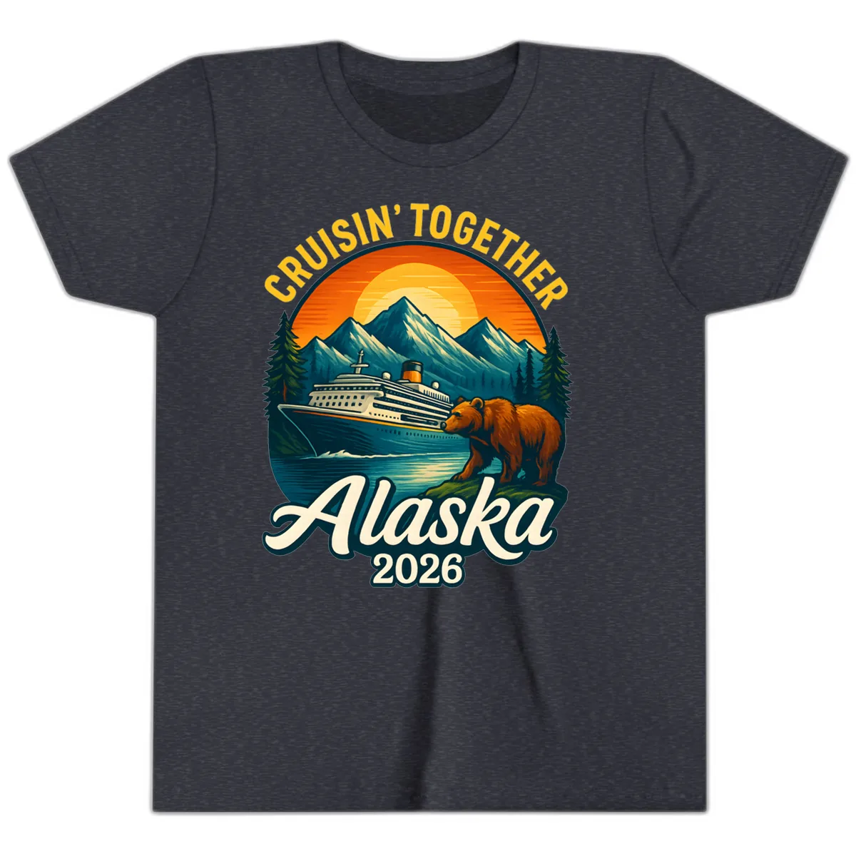Cruisin' Together Alaska 2026 Bear & Ship Design Youth T-Shirt in Heather Navy