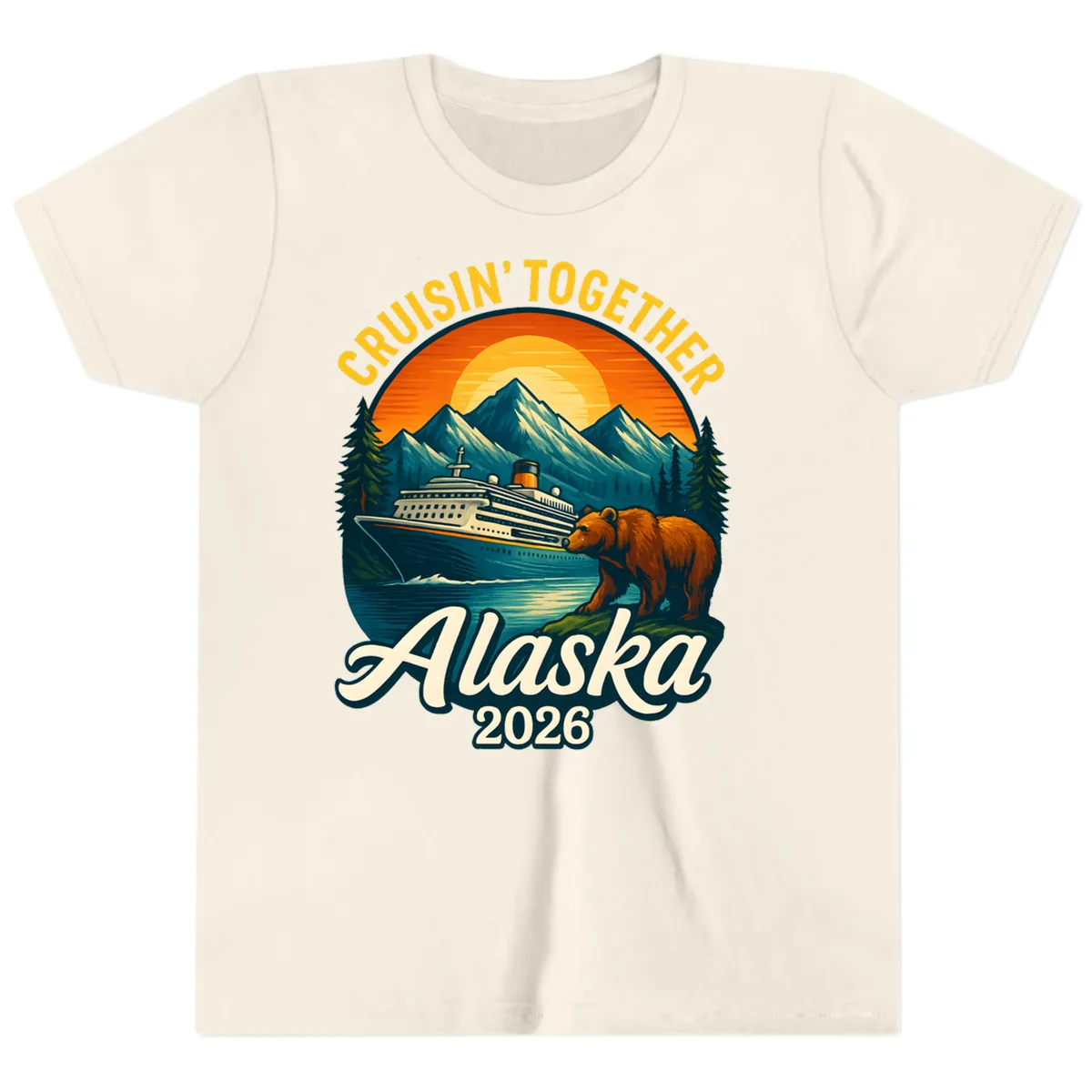 Cruisin' Together Alaska 2026 Bear & Ship Design Youth T-Shirt in Natural