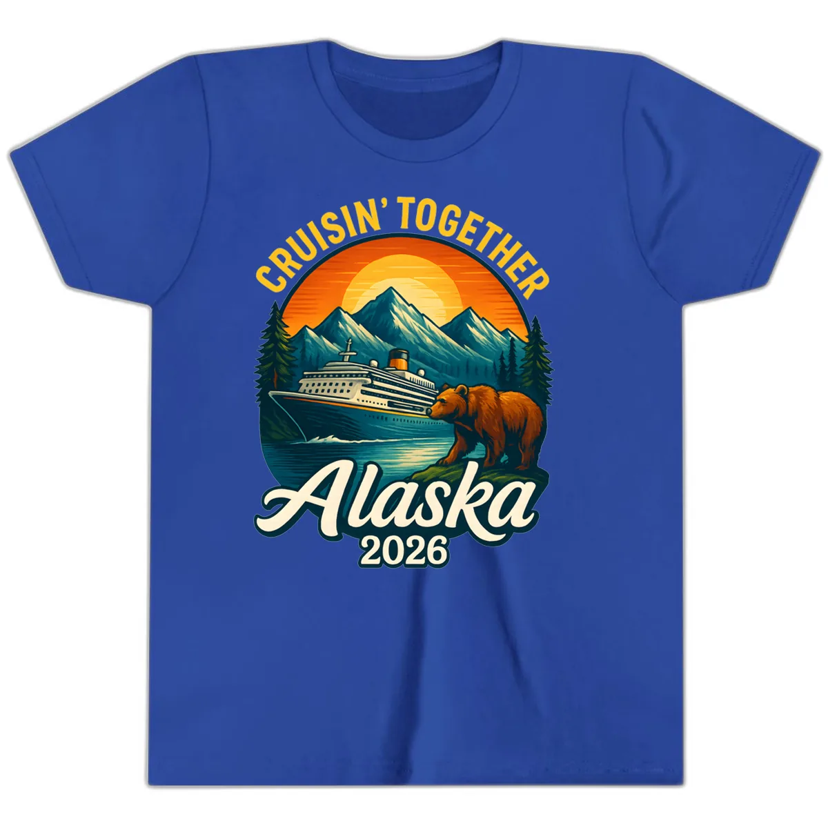 Cruisin' Together Alaska 2026 Bear & Ship Design Youth T-Shirt in True Royal
