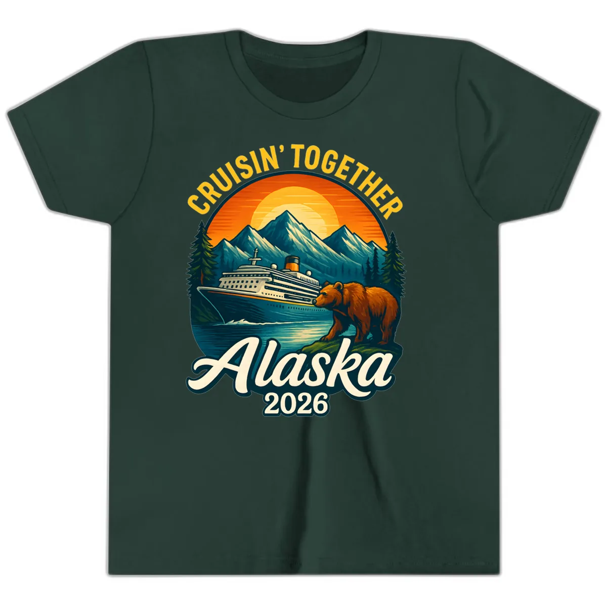 Cruisin' Together Alaska 2026 Bear & Ship Design Youth T-Shirt in Forest