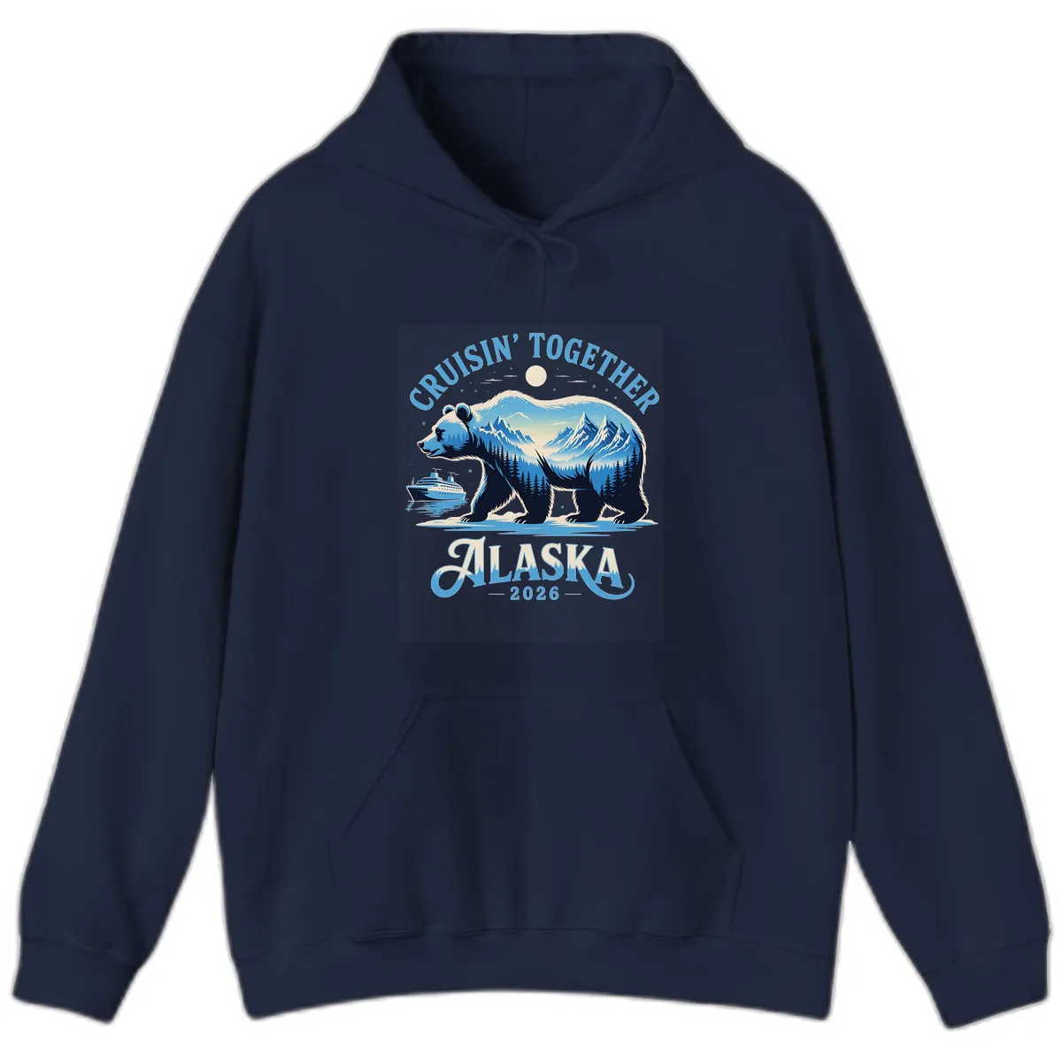 Cruisin' Together Alaska Bear and Mountains Hoodie in Navy