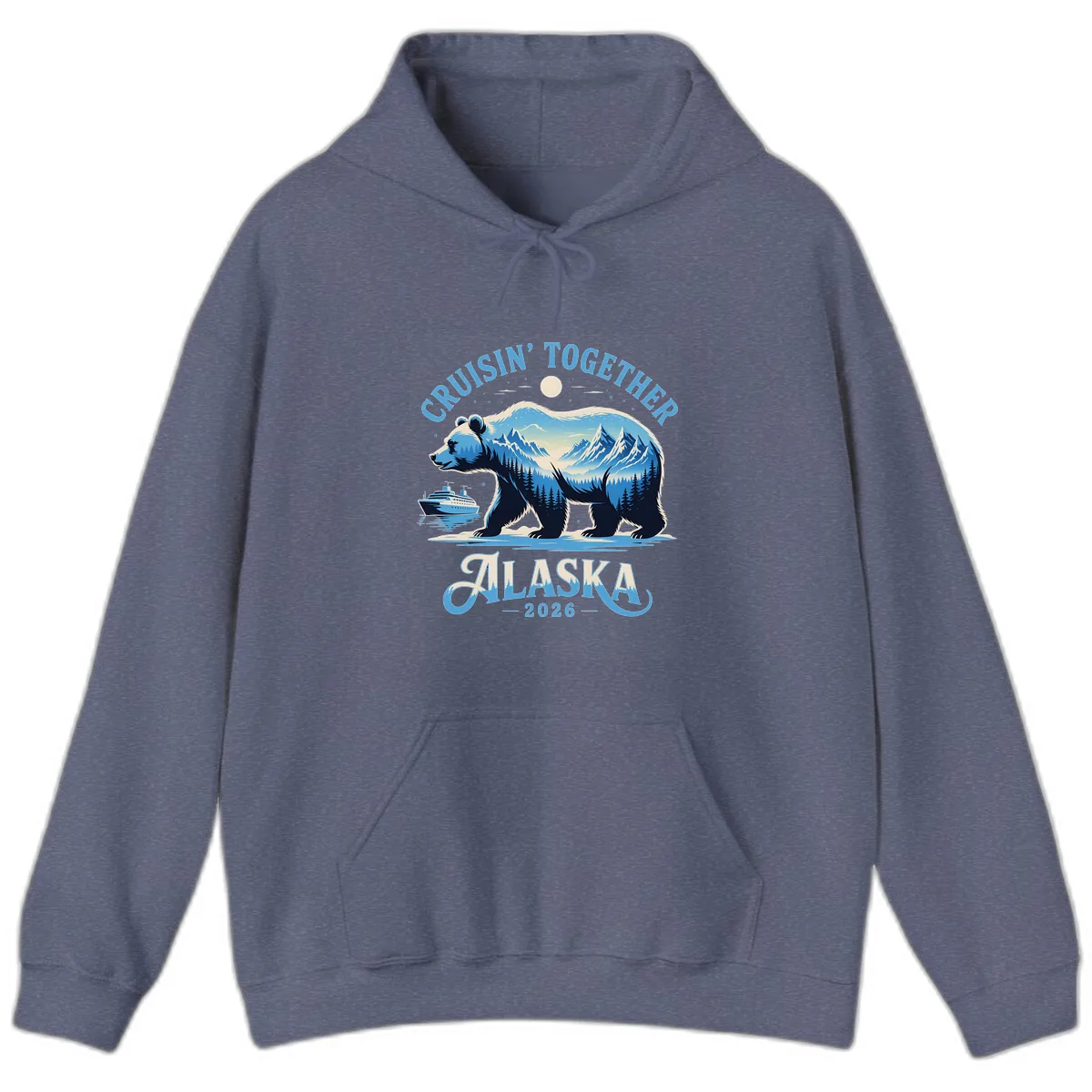 Cruisin' Together Alaska Bear and Mountains Hoodie in Heather Navy