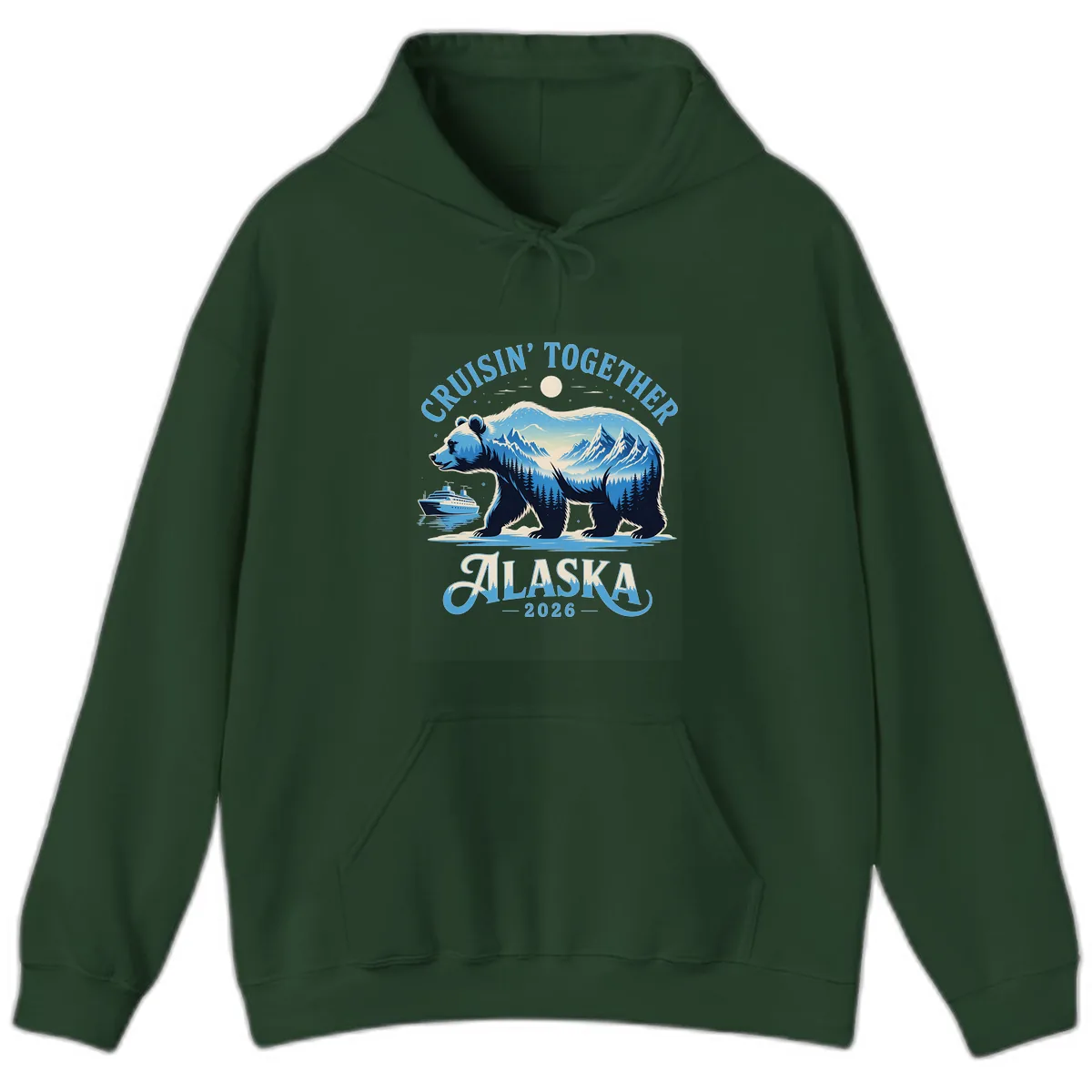Cruisin' Together Alaska Bear and Mountains Hoodie in Forest Green
