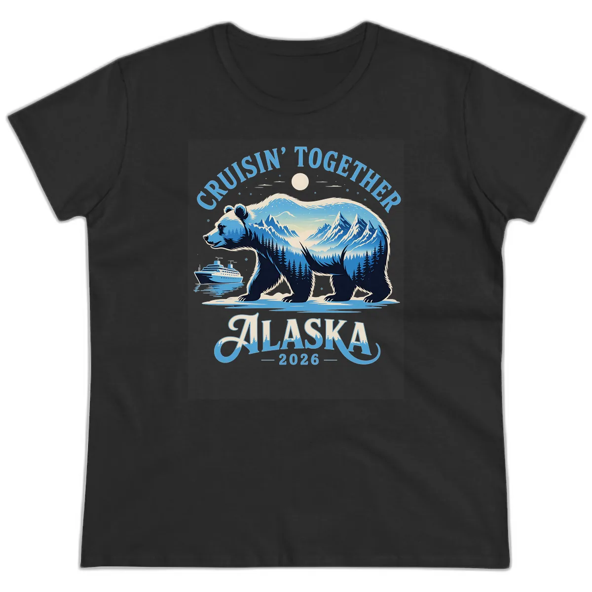 Cruisin' Together Alaska Bear and Mountains Ladies Tee in Black