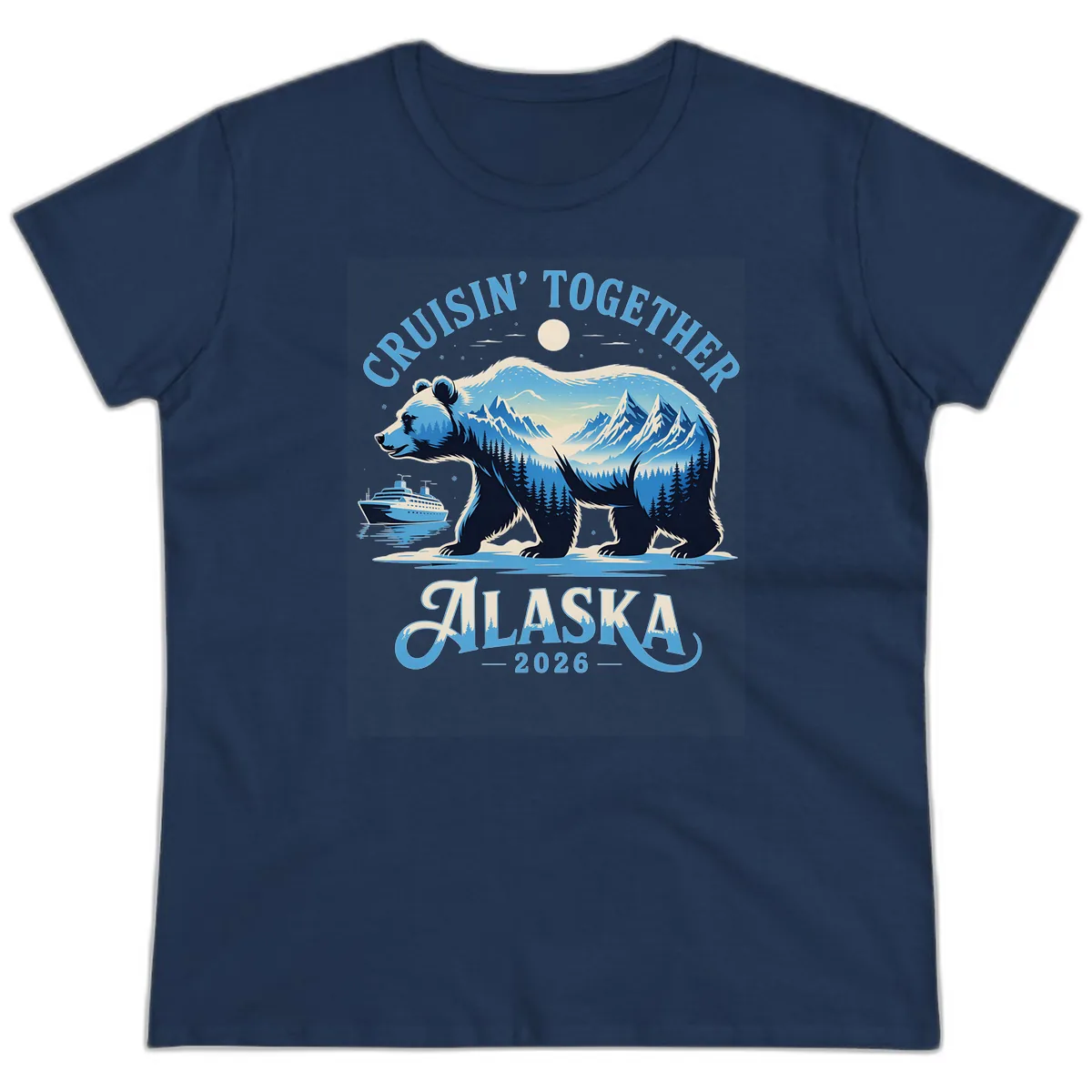 Cruisin' Together Alaska Bear and Mountains Ladies Tee in Navy