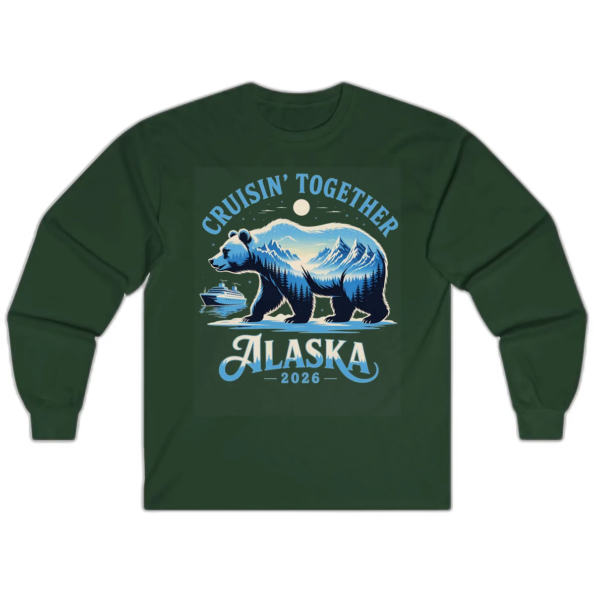 Cruisin' Together Alaska Bear and Mountains Long Sleeve in Forest Green