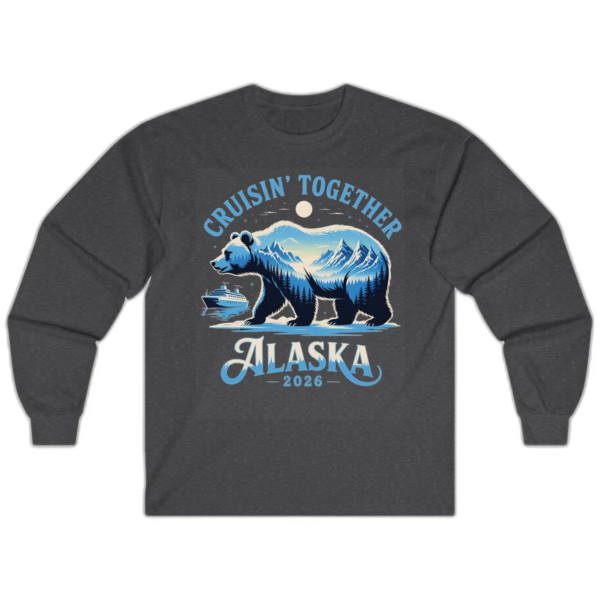 Cruisin' Together Alaska Bear and Mountains Long Sleeve in Dark Heather