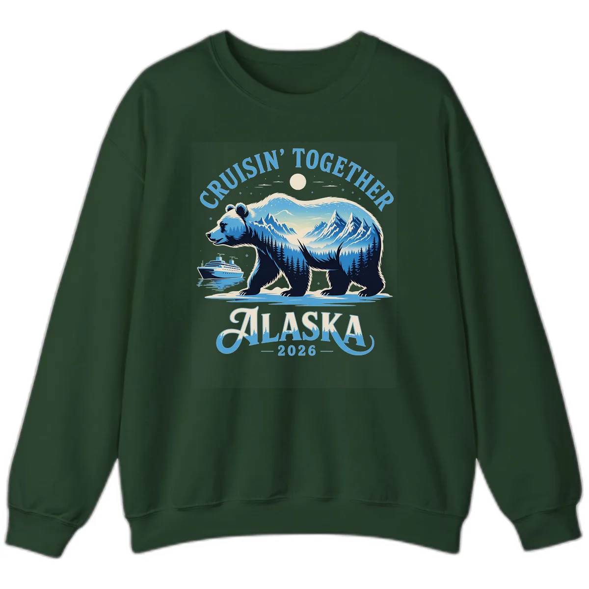 Cruisin' Together Alaska Bear and Mountains Sweatshirt in Forest Green