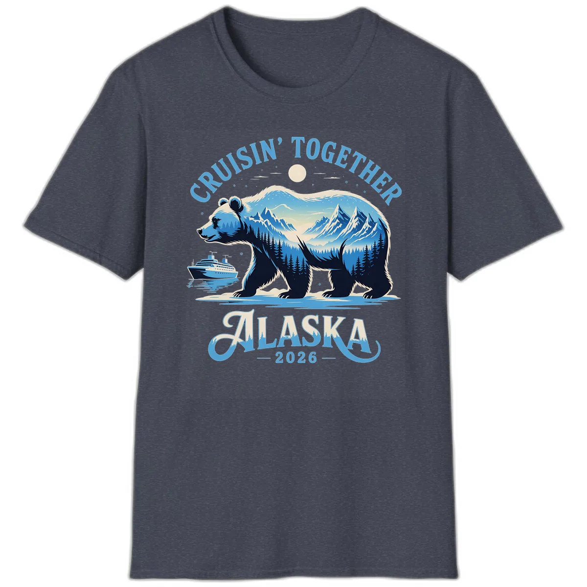 Cruisin' Together Alaska Bear and Mountains T-Shirt in Heather Navy