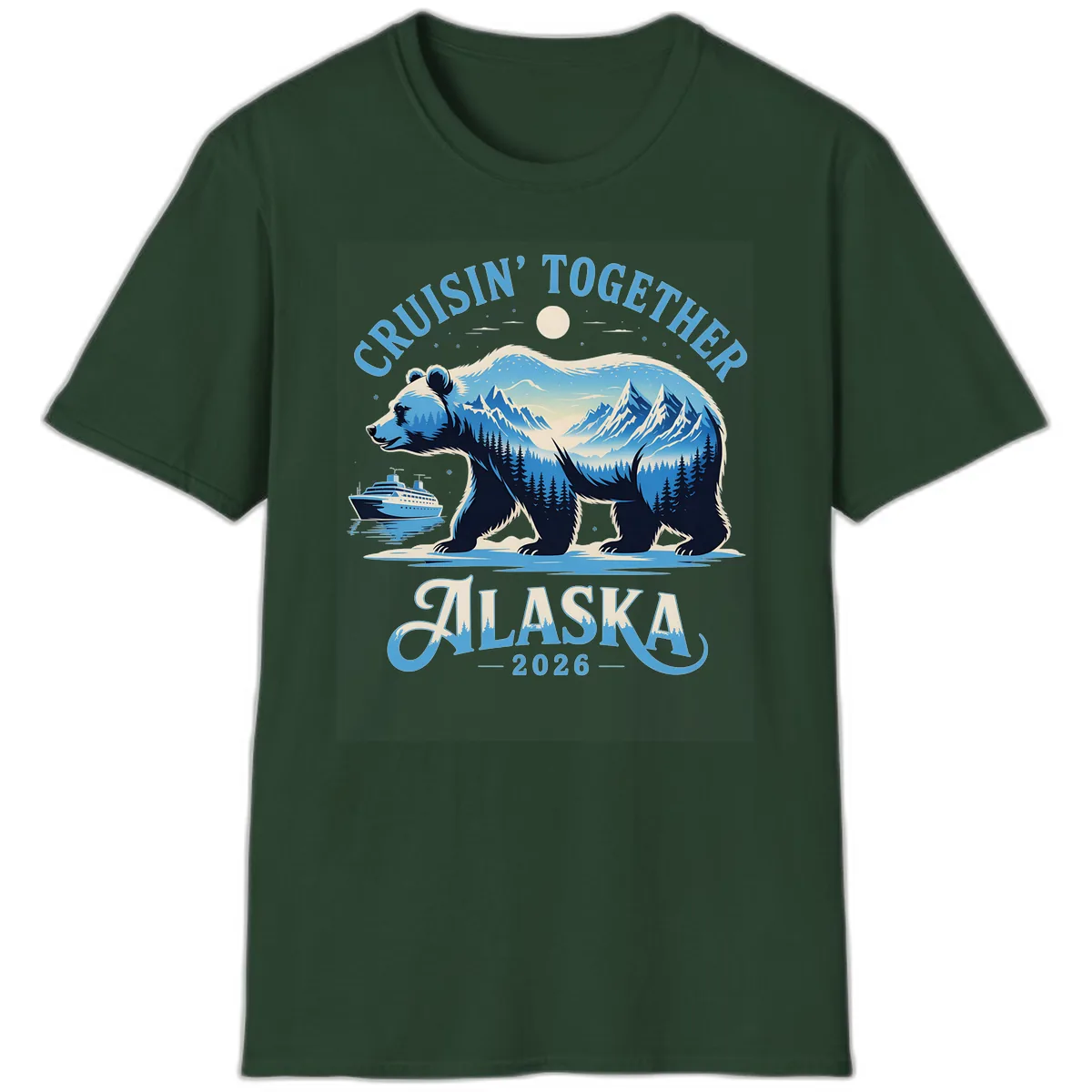 Cruisin' Together Alaska Bear and Mountains T-Shirt in Forest Green