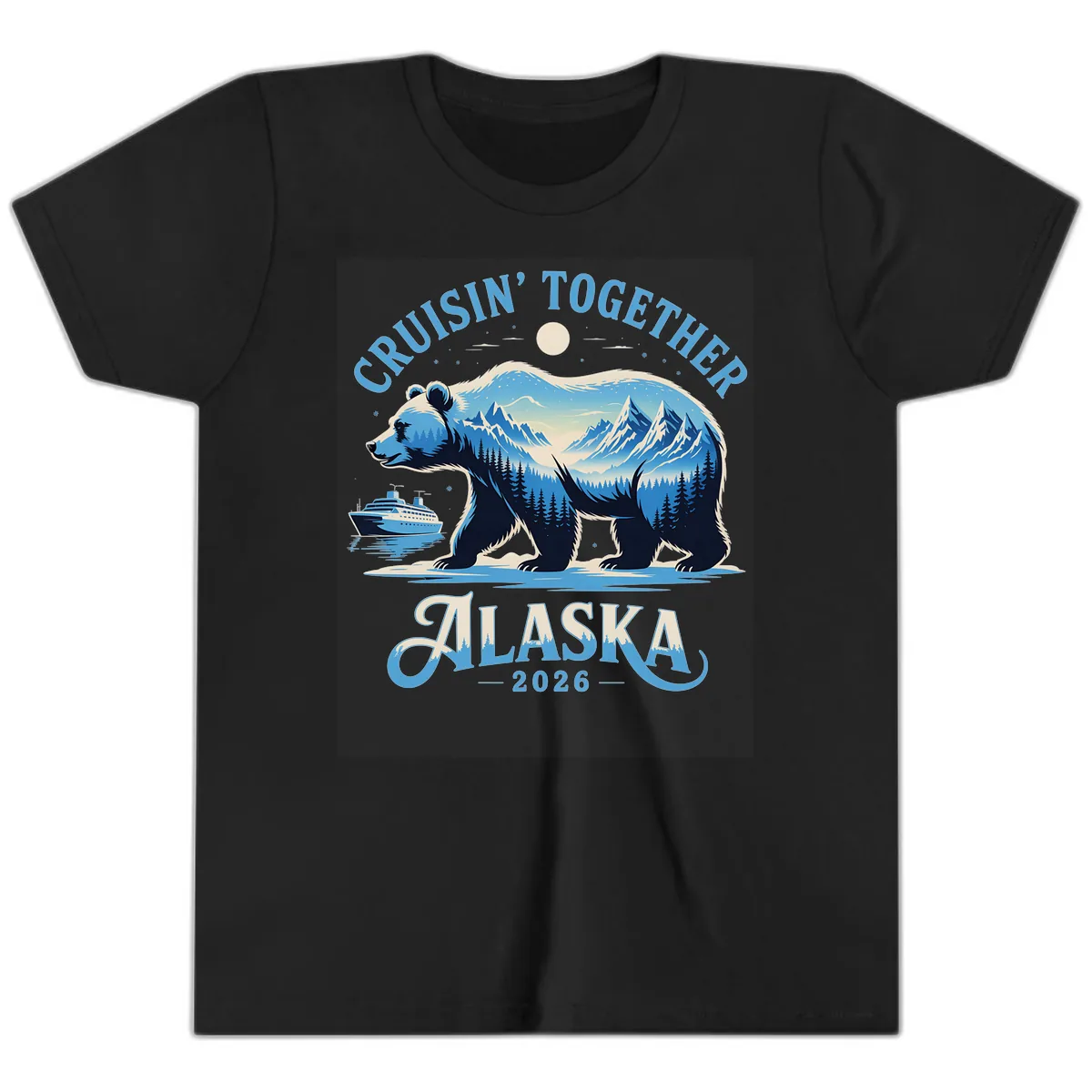 Cruisin' Together Alaska Bear and Mountains Youth T-Shirt in Black