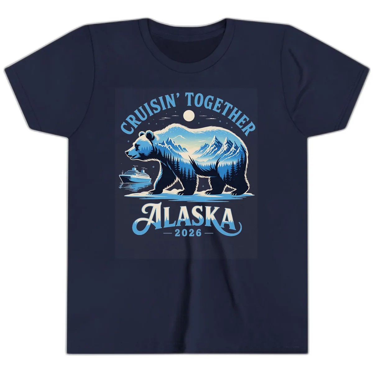 Cruisin' Together Alaska Bear and Mountains Youth T-Shirt in Navy