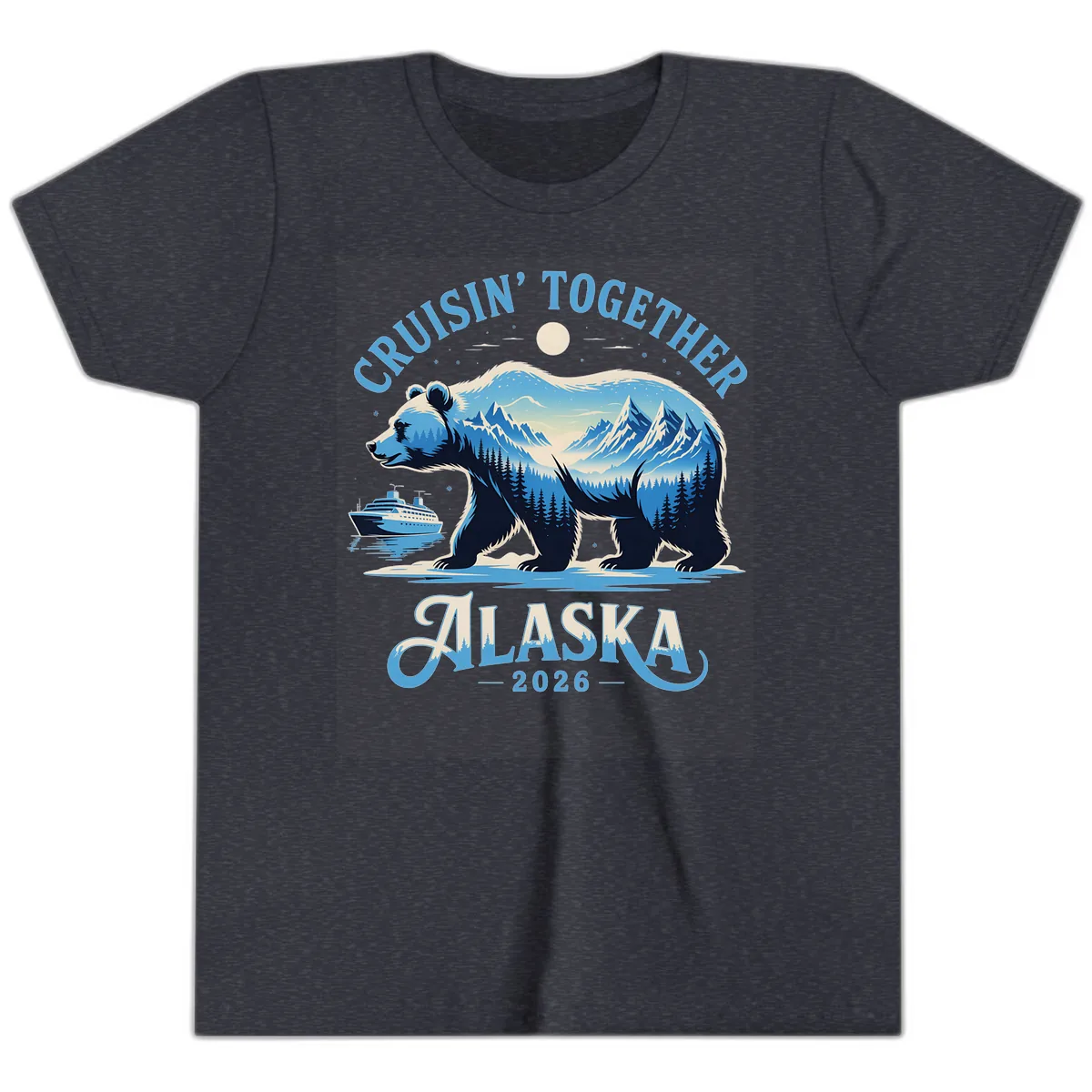Cruisin' Together Alaska Bear and Mountains Youth T-Shirt in Heather Navy