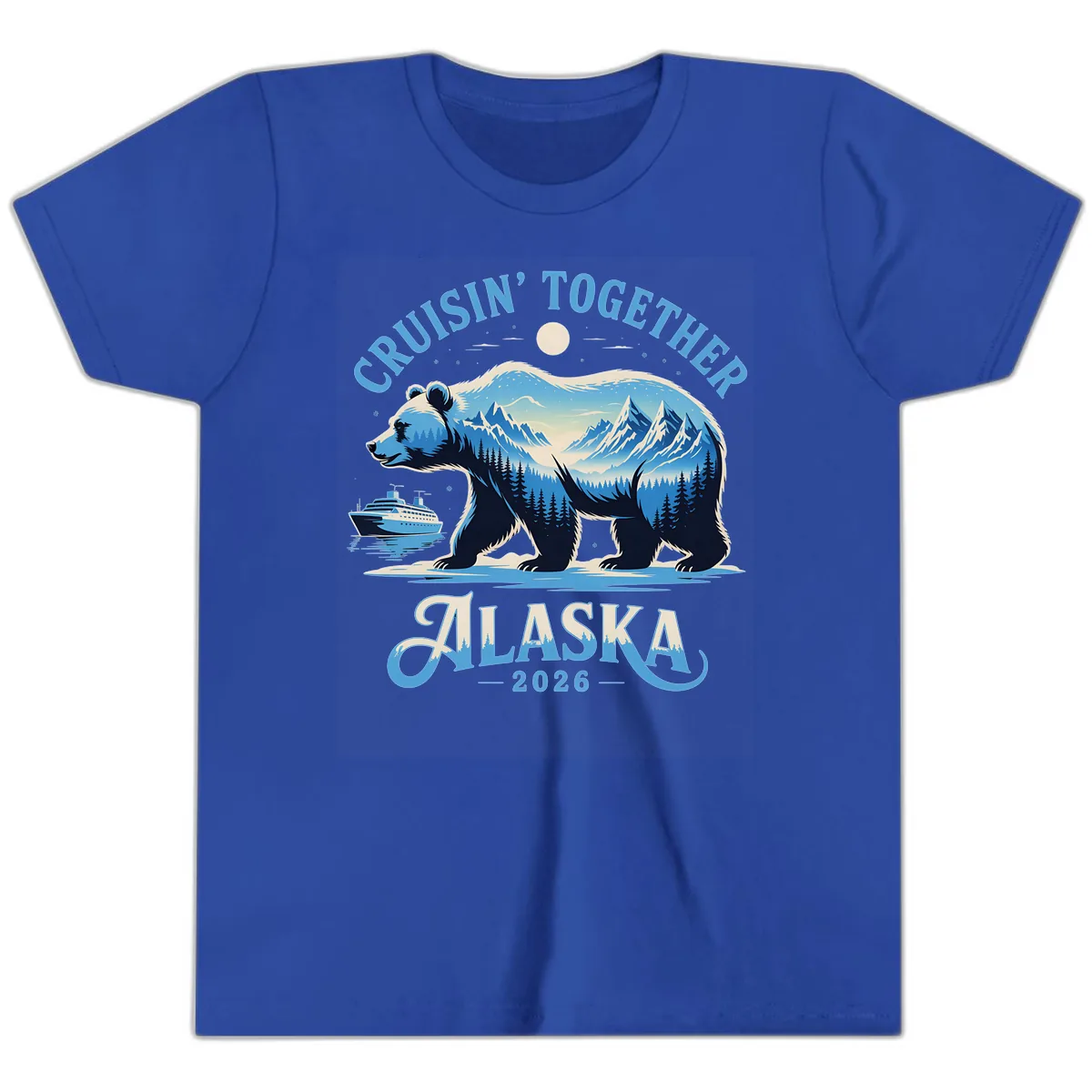 Cruisin' Together Alaska Bear and Mountains Youth T-Shirt in True Royal