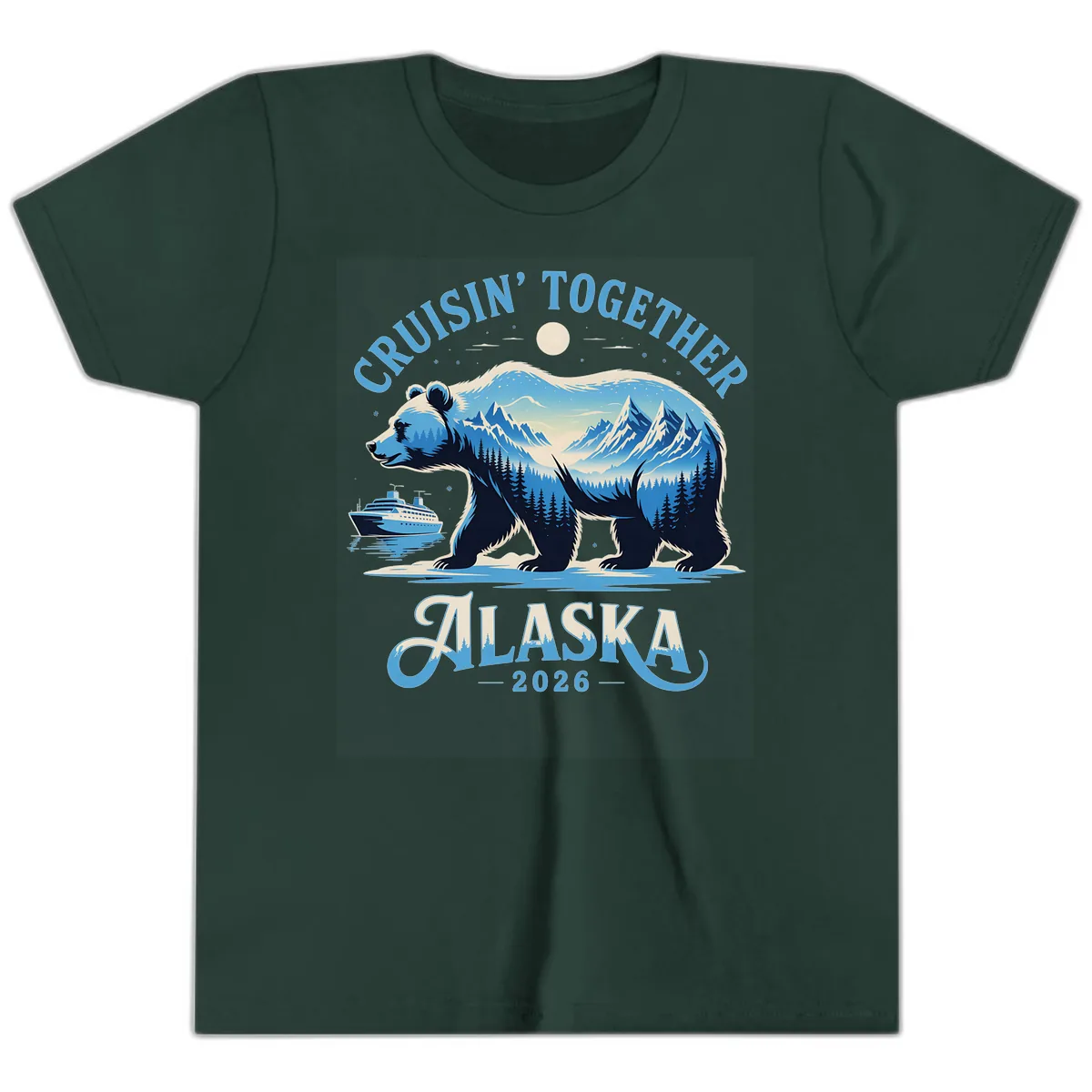 Cruisin' Together Alaska Bear and Mountains Youth T-Shirt in Forest