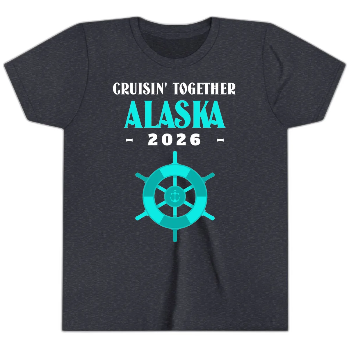 Cruisin' Together Alaska 2026 Ship Wheel Youth T-Shirt in Heather Navy