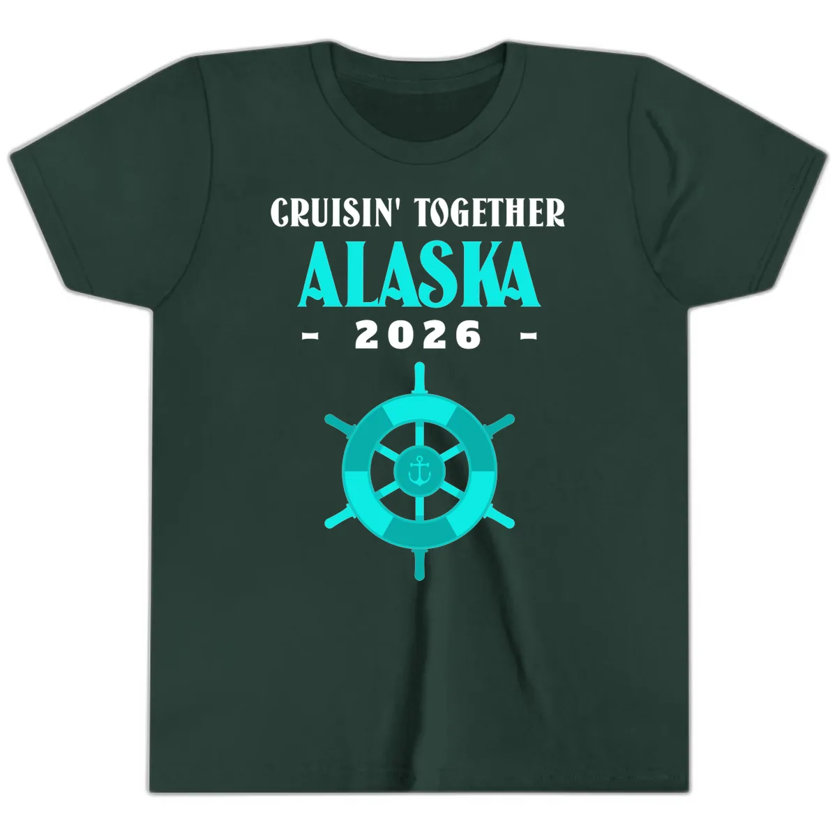 Cruisin' Together Alaska 2026 Ship Wheel Youth T-Shirt in Forest