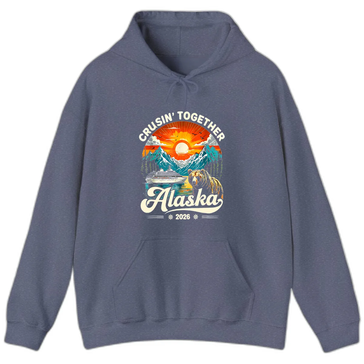 Cruisin' Together Alaska 2026 Bear and Ship Hoodie in Heather Navy