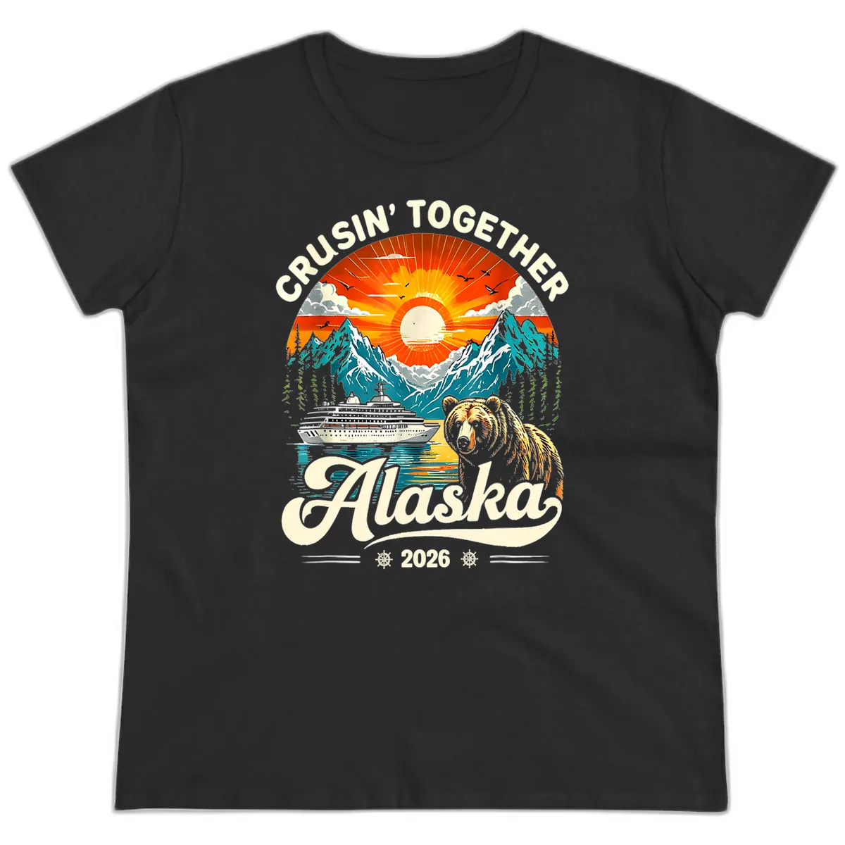 Cruisin' Together Alaska 2026 Bear and Ship Ladies Tee in Black