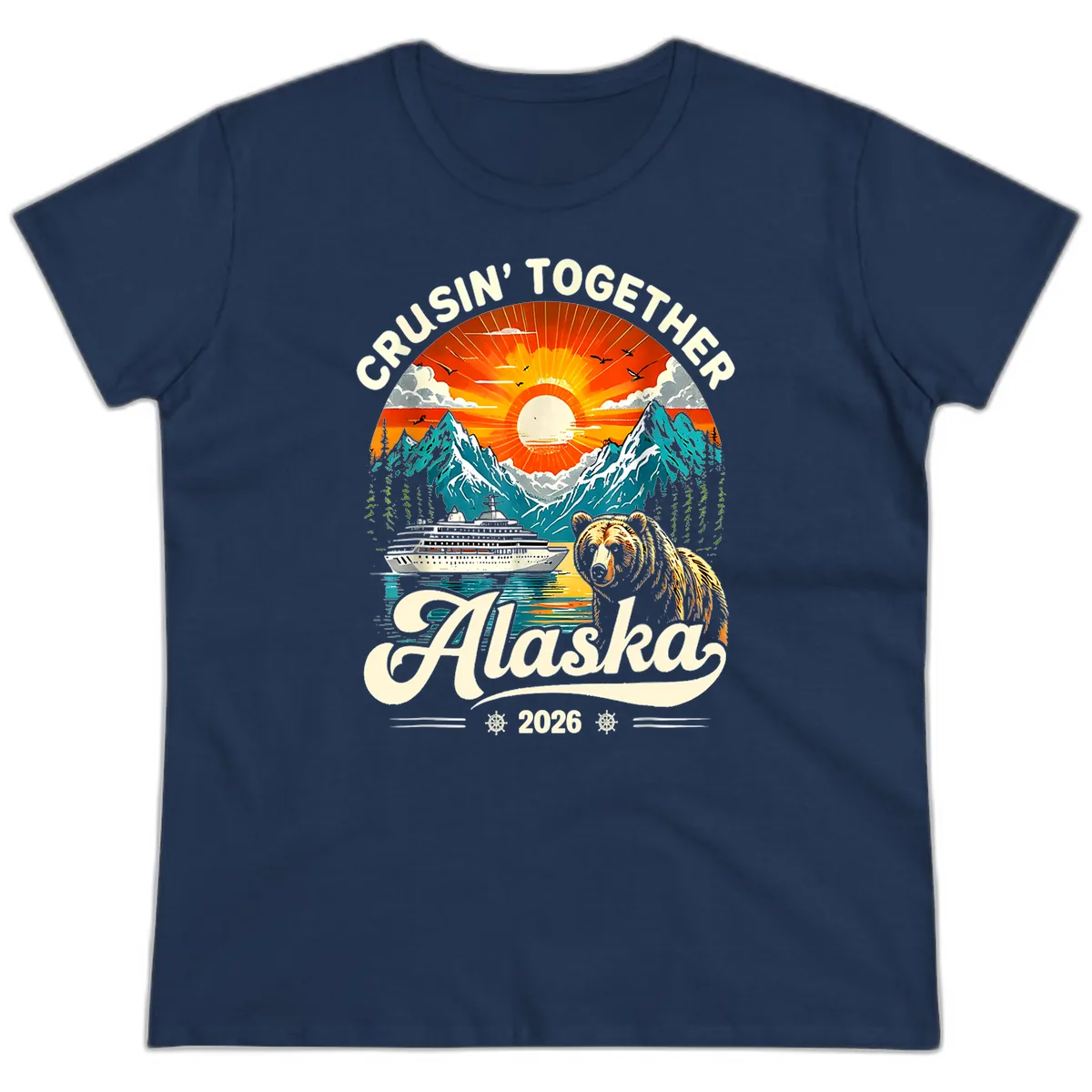 Cruisin' Together Alaska 2026 Bear and Ship Ladies Tee in Navy