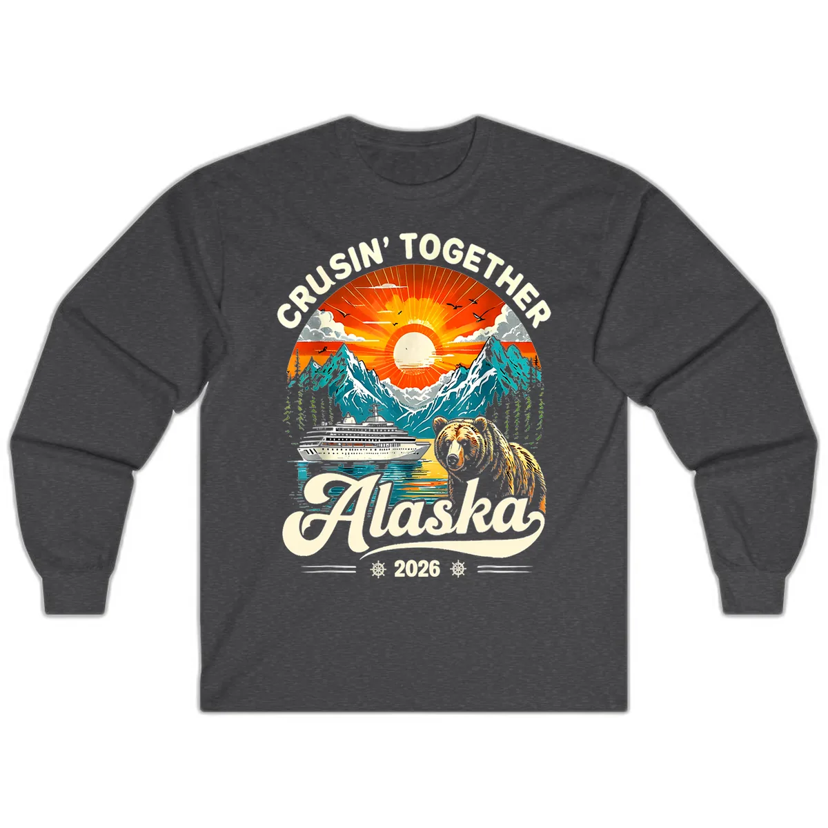 Cruisin' Together Alaska 2026 Bear and Ship Long Sleeve in Dark Heather