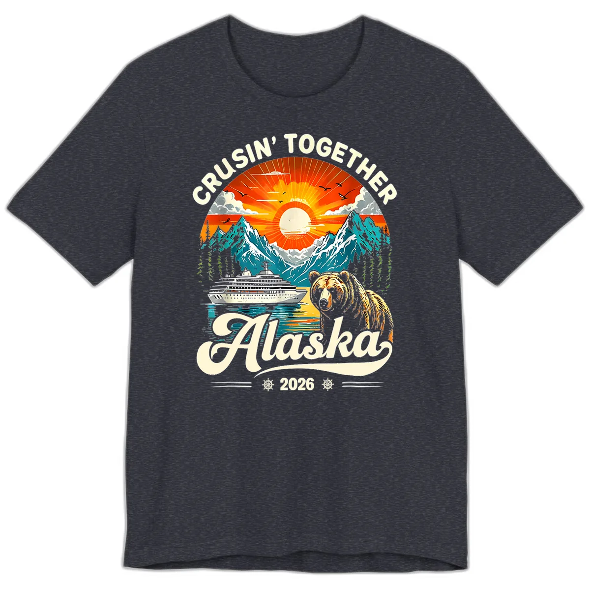 Cruisin' Together Alaska 2026 Bear and Ship Premium T-Shirt in Heather Navy