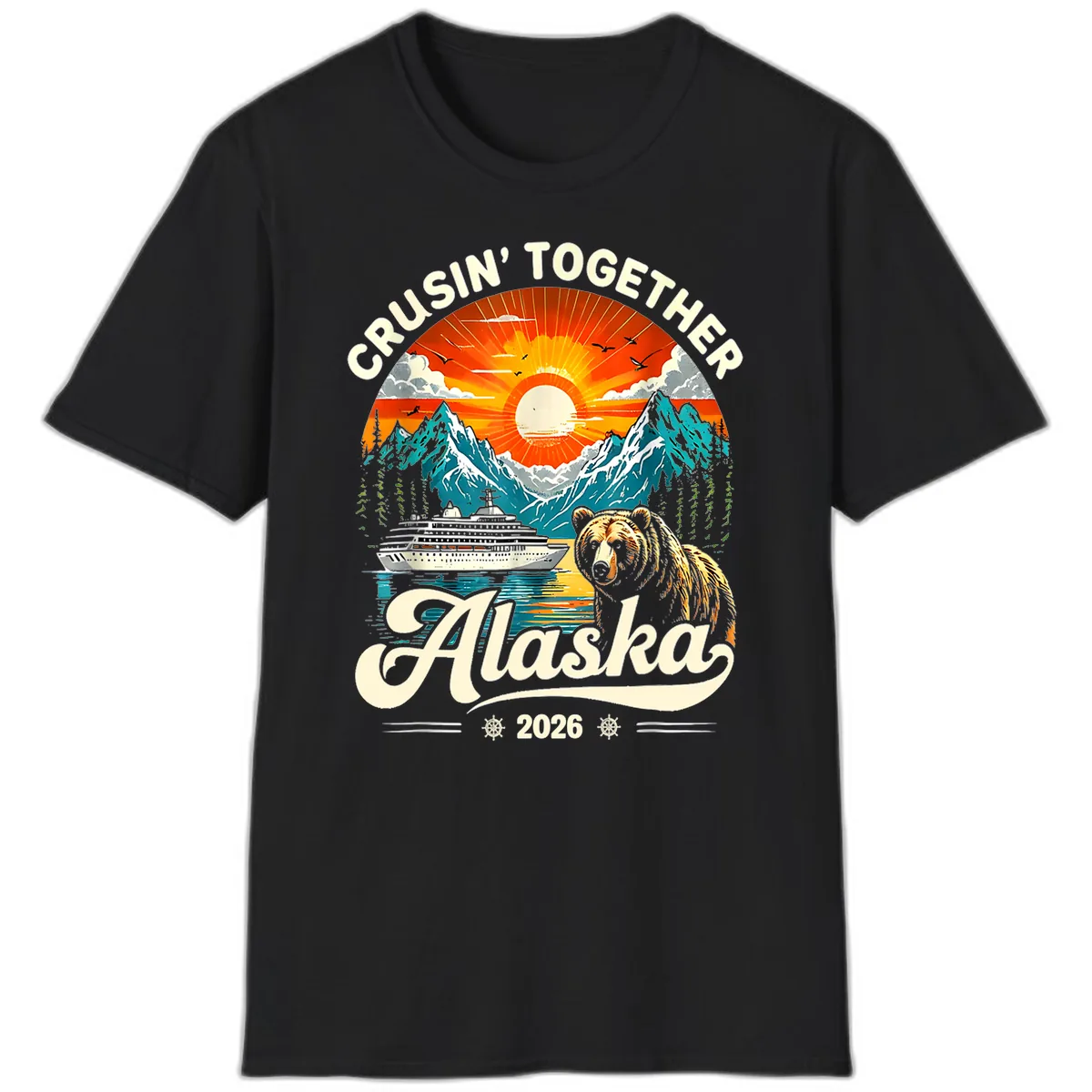 Cruisin' Together Alaska 2026 Bear and Ship T-Shirt in Black
