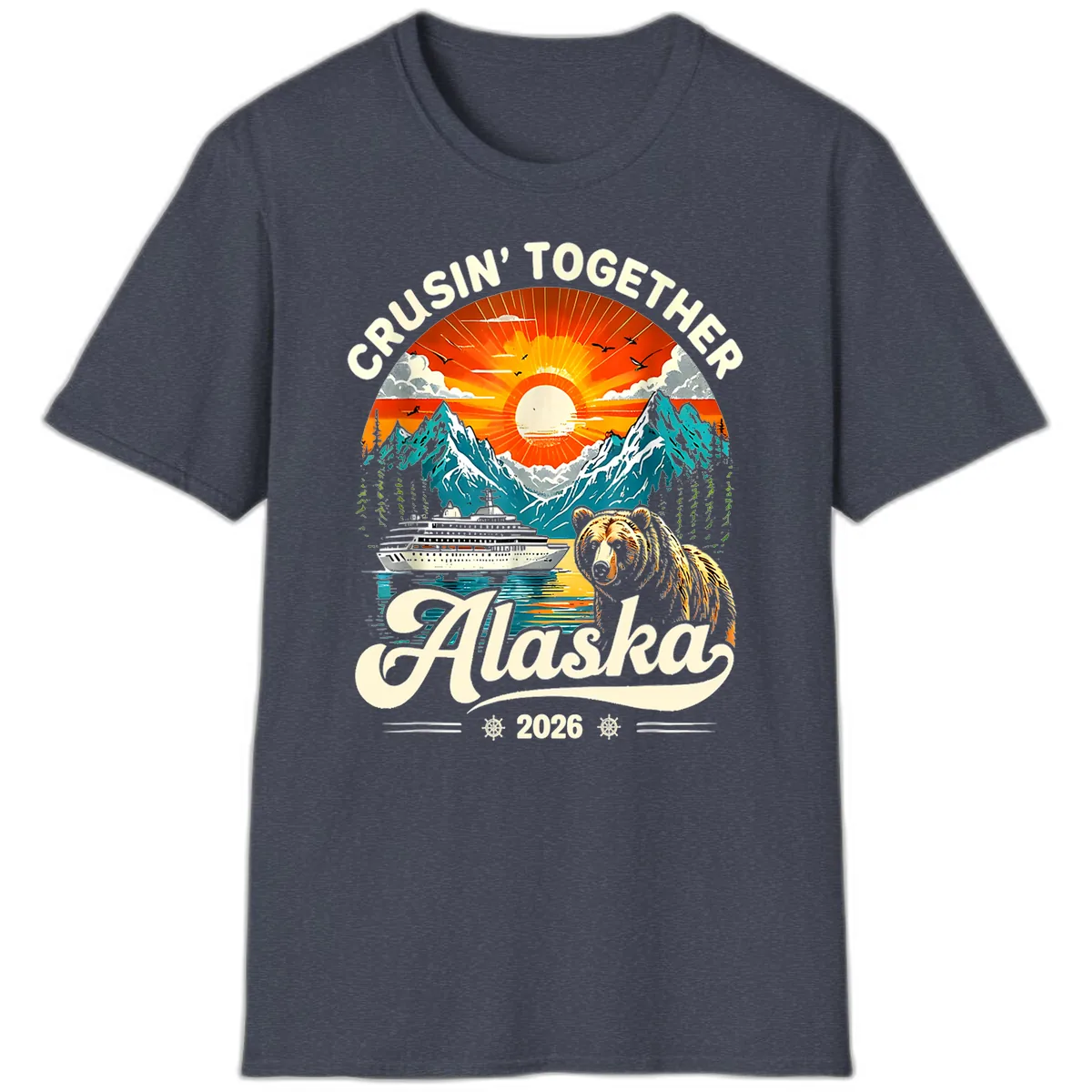 Cruisin' Together Alaska 2026 Bear and Ship T-Shirt in Heather Navy