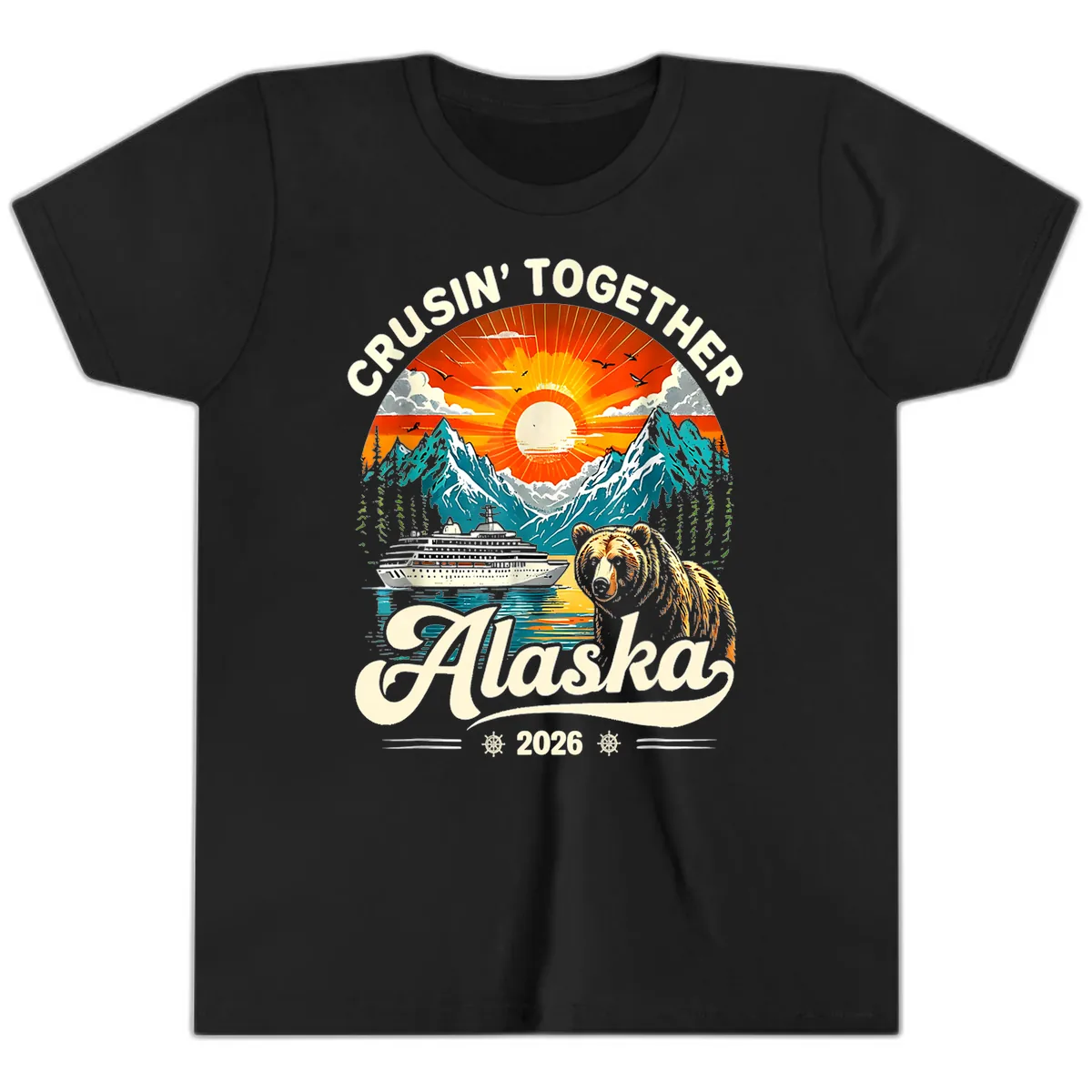 Cruisin' Together Alaska 2026 Bear and Ship Youth T-Shirt in Black