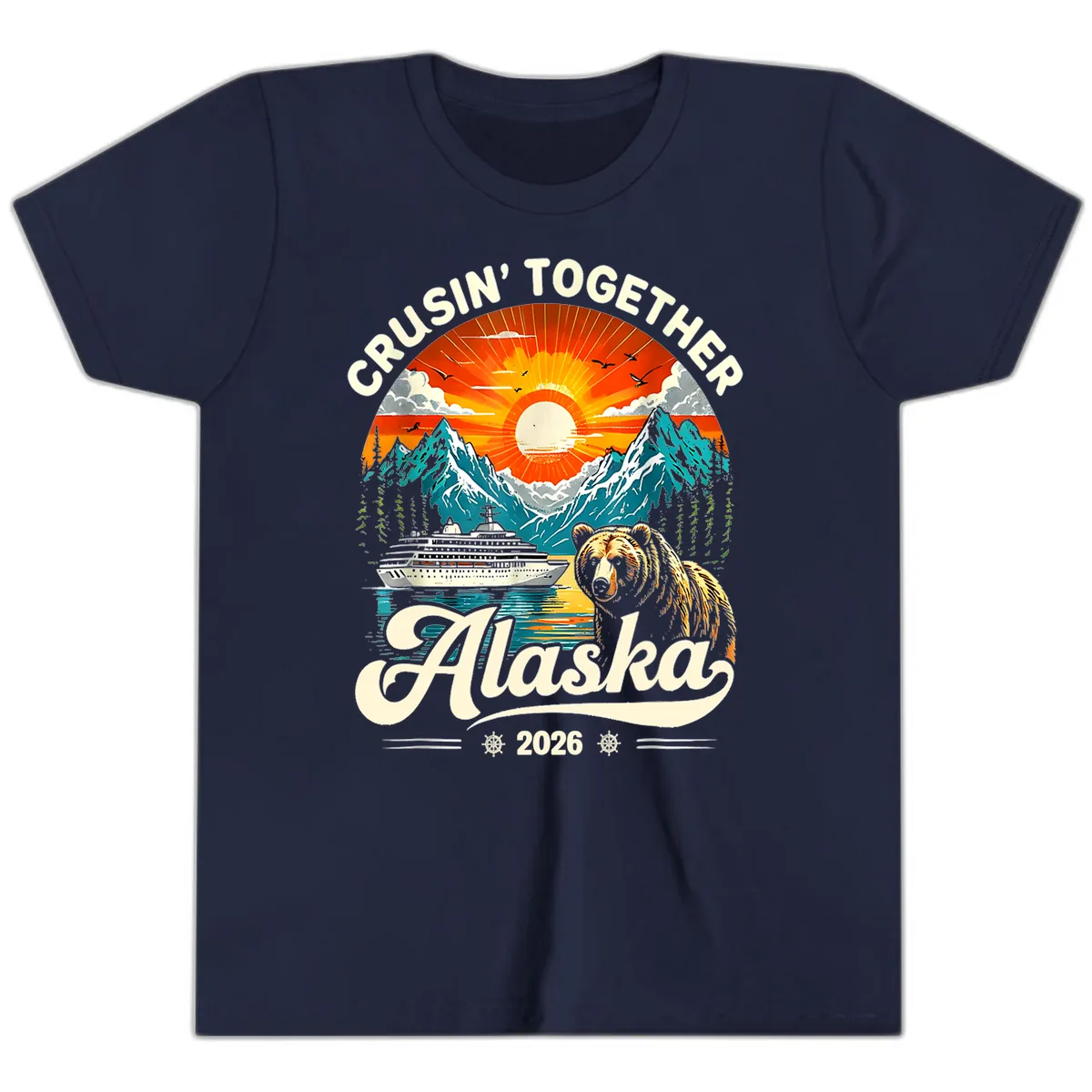 Cruisin' Together Alaska 2026 Bear and Ship Youth T-Shirt in Navy