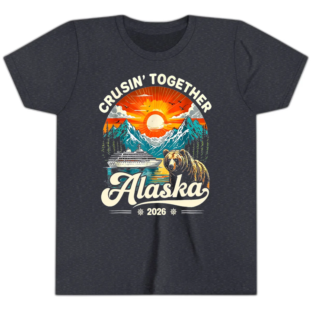 Cruisin' Together Alaska 2026 Bear and Ship Youth T-Shirt in Heather Navy