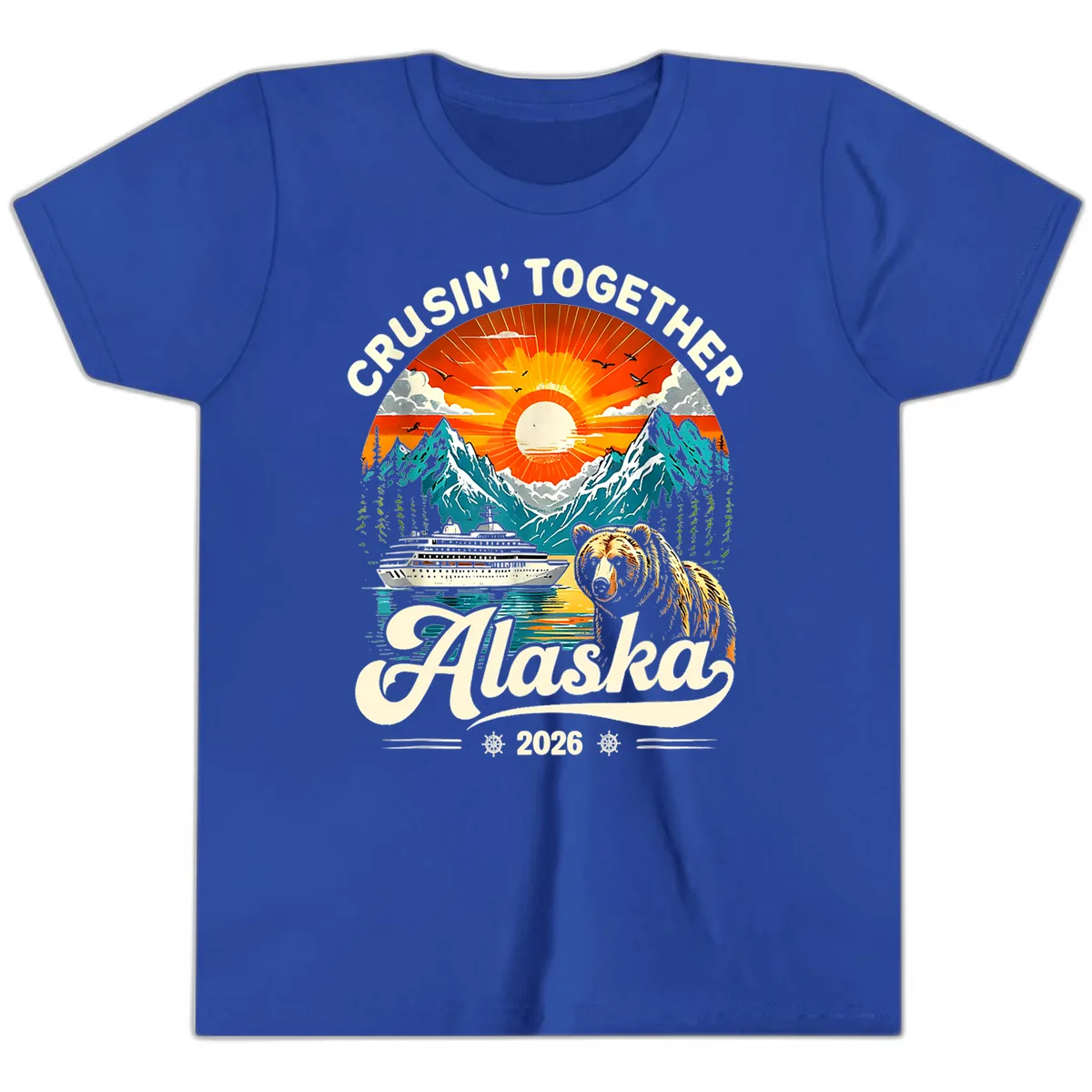 Cruisin' Together Alaska 2026 Bear and Ship Youth T-Shirt in True Royal
