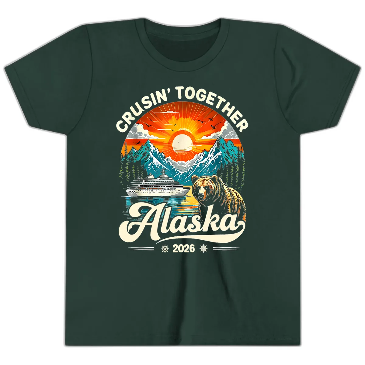 Cruisin' Together Alaska 2026 Bear and Ship Youth T-Shirt in Forest