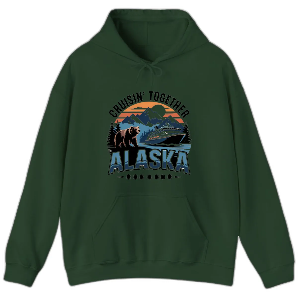 Cruisin' Together Alaska Bear and Cruise Ship Hoodie in Forest Green