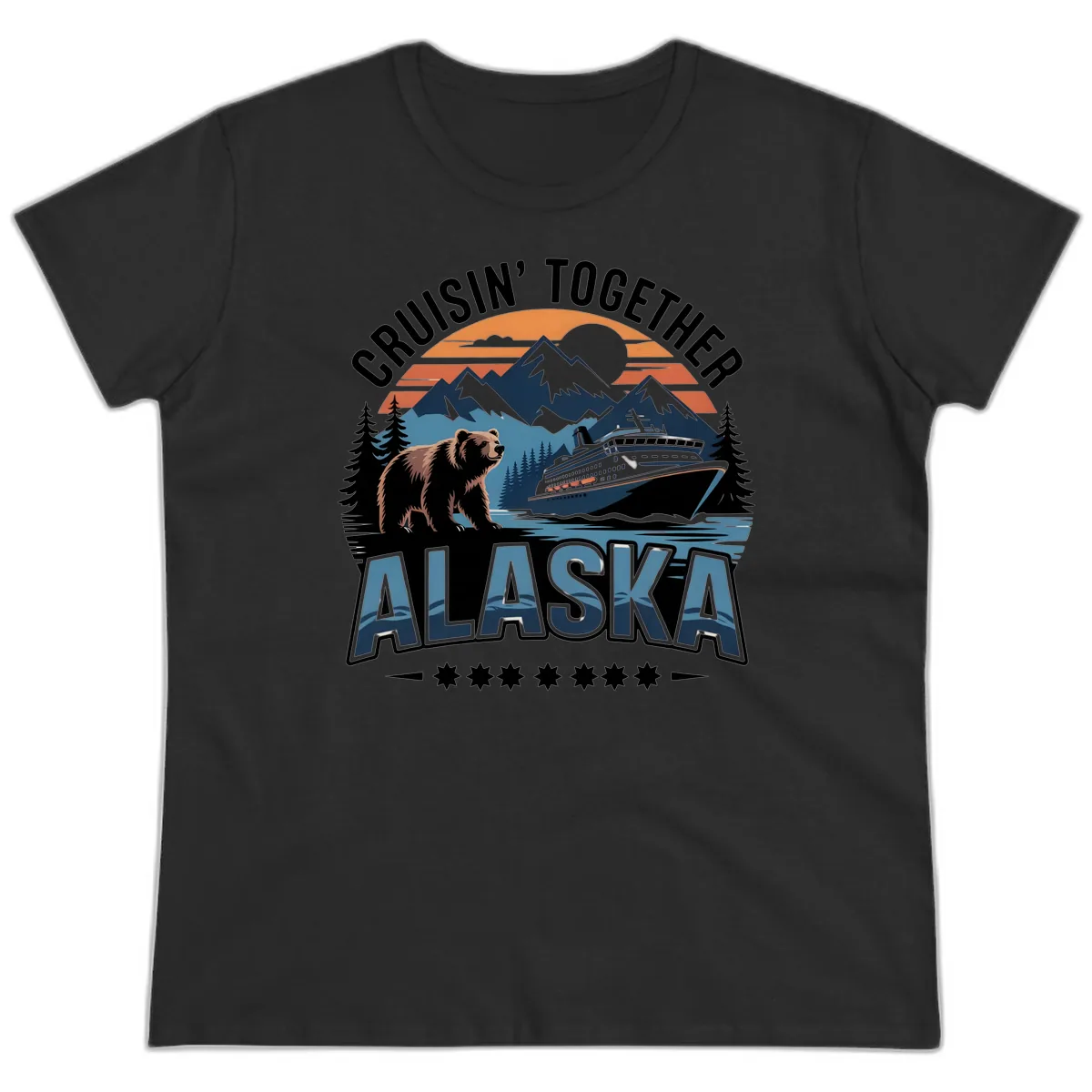 Cruisin' Together Alaska Bear and Cruise Ship Ladies Tee in Black