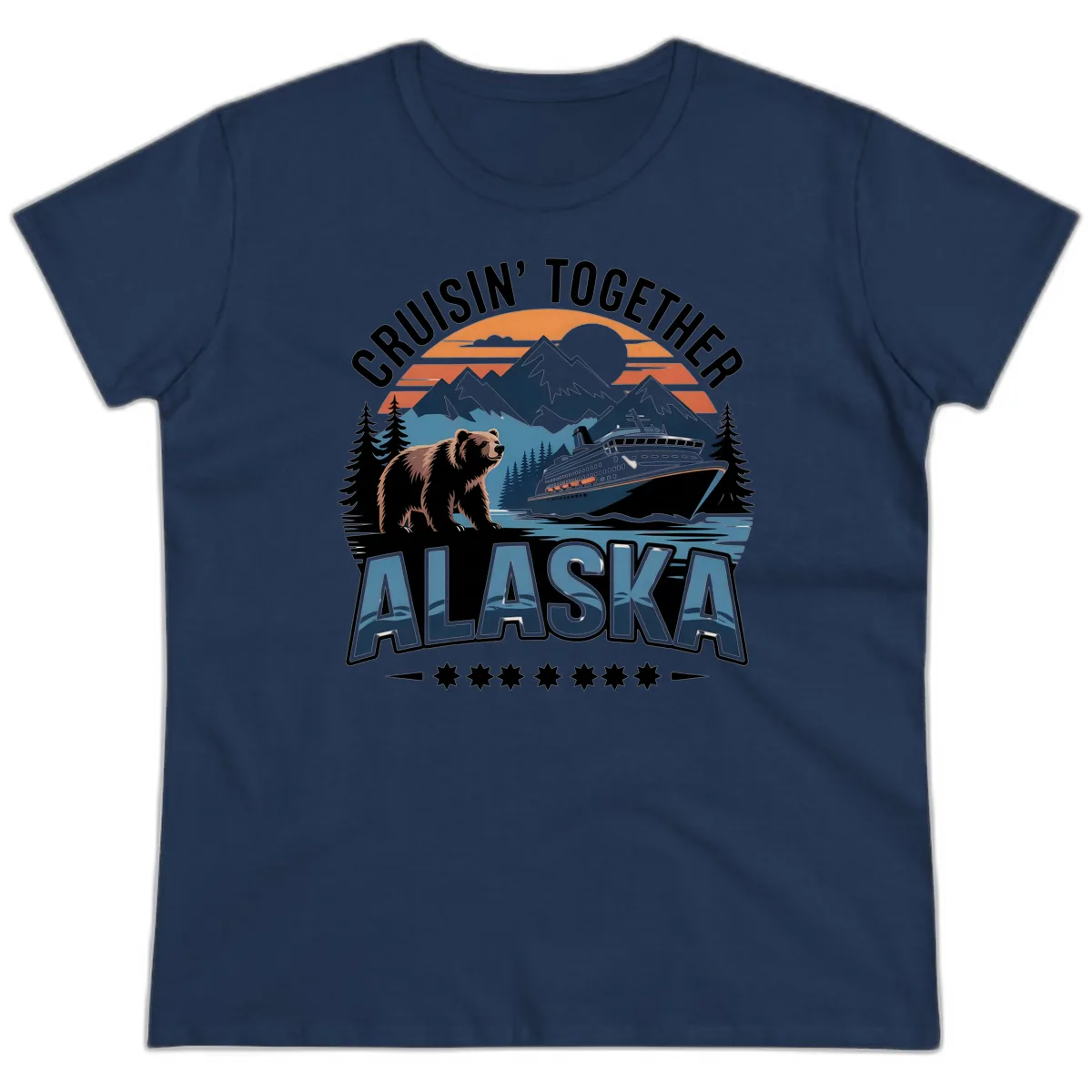 Cruisin' Together Alaska Bear and Cruise Ship Ladies Tee in Navy