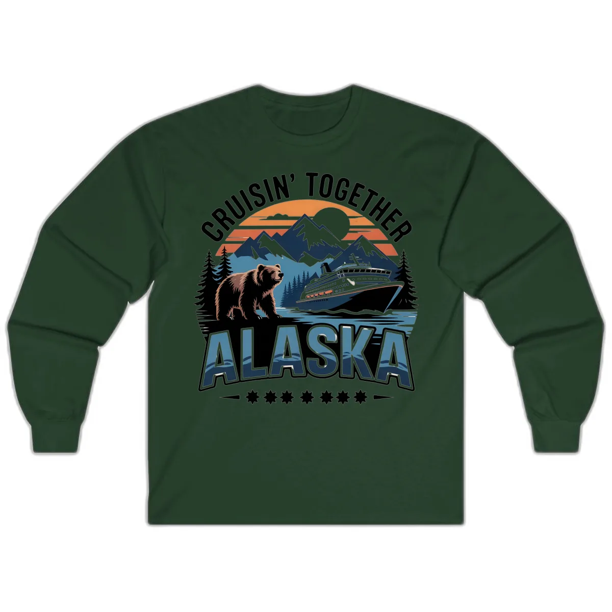 Cruisin' Together Alaska Bear and Cruise Ship Long Sleeve in Forest Green