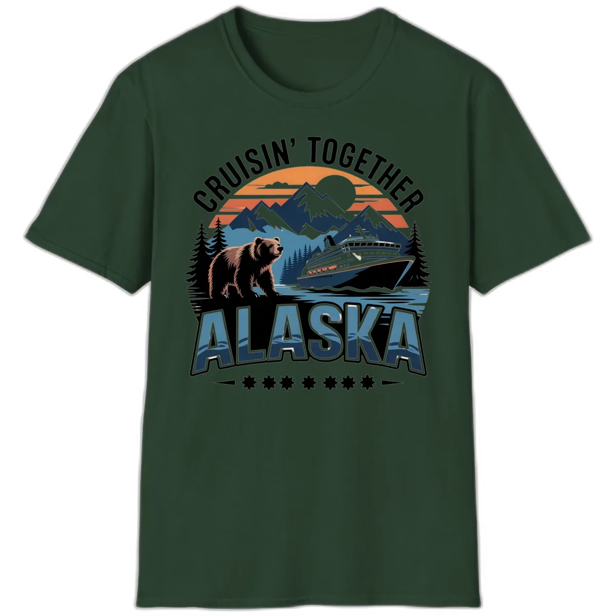 Cruisin' Together Alaska Bear and Cruise Ship T-Shirt in Forest Green