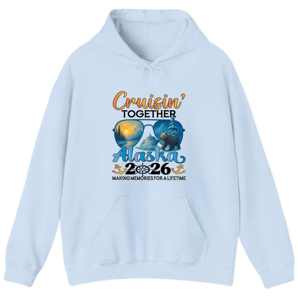 Alaskan Cruise Together 2026 Sunglasses Bear Hoodie in Light Blue