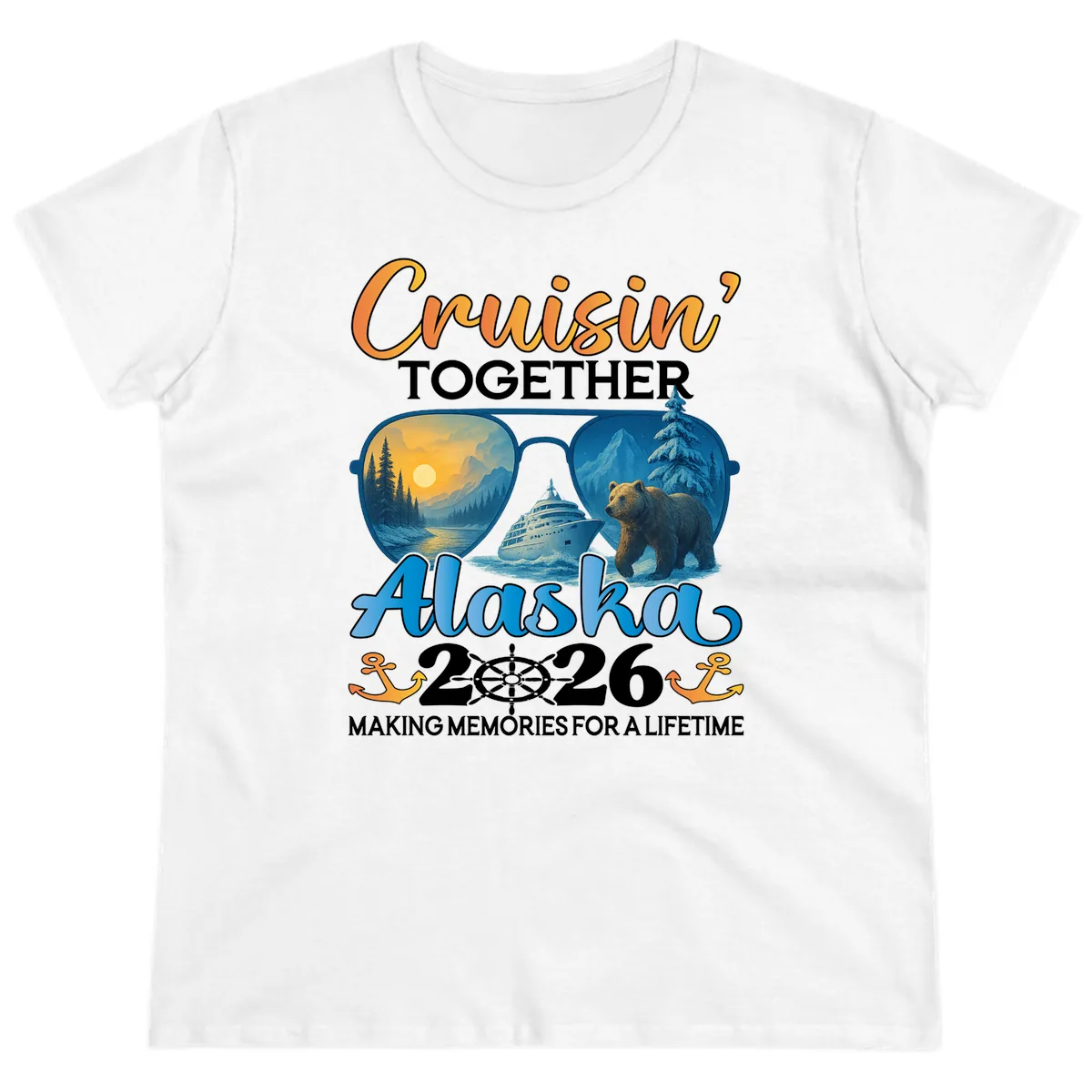 Alaskan Cruise Together 2026 Sunglasses Bear Ladies Tee in White