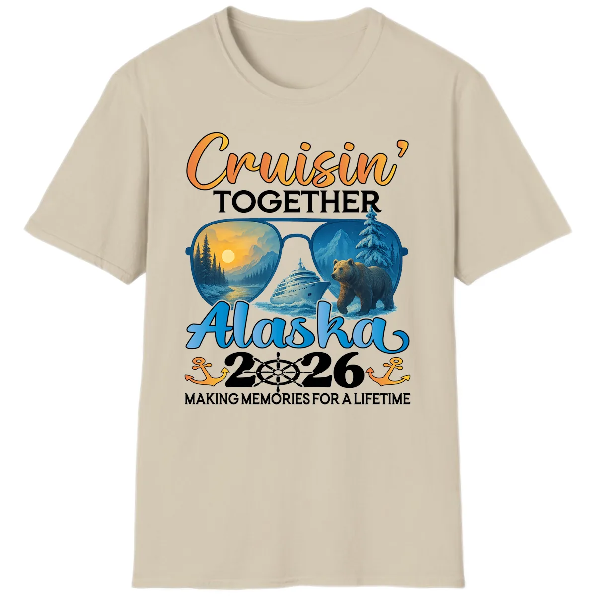 Alaskan Cruise Together 2026 Sunglasses Bear T-Shirt in Sand