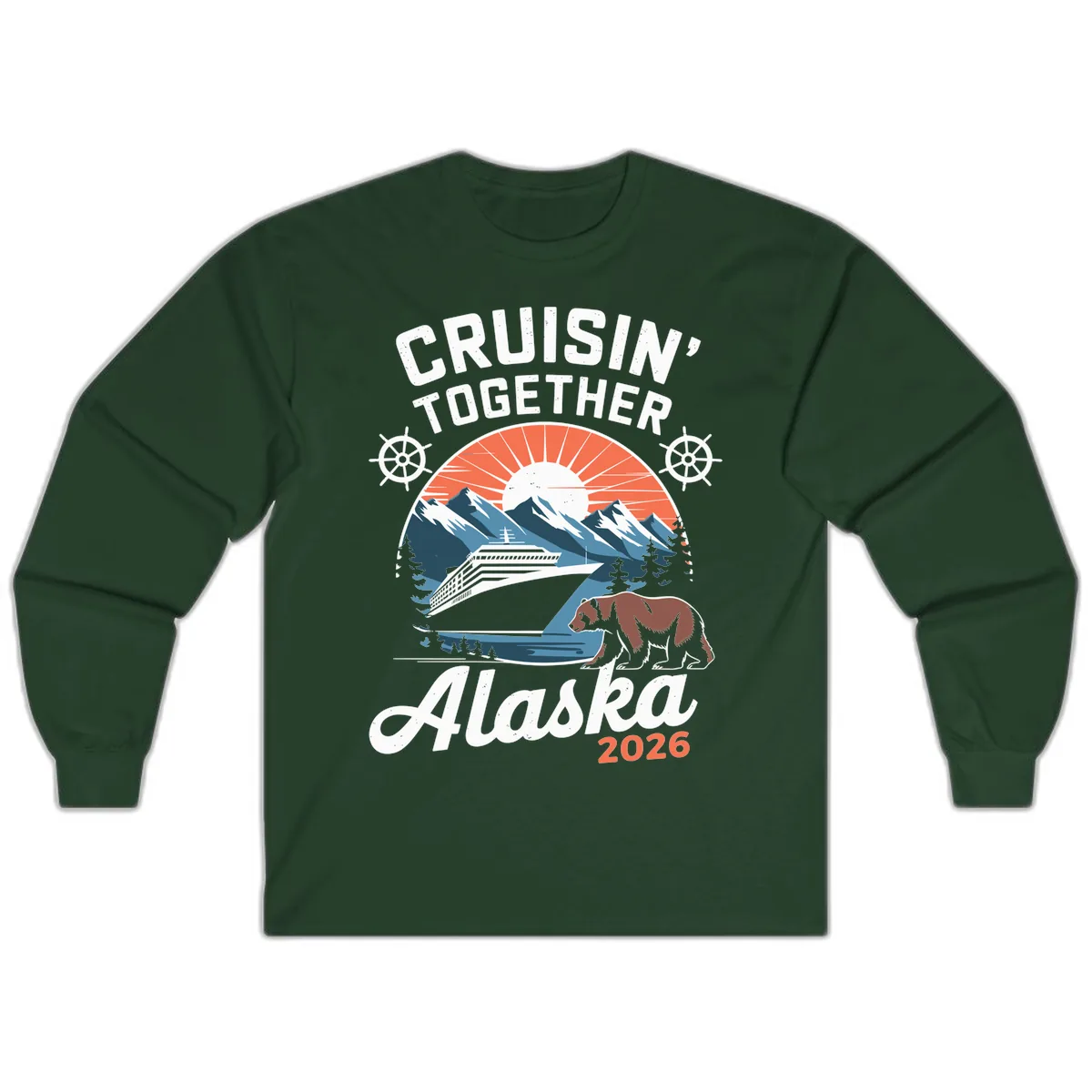 Alaskan Cruise Together Bear Mountains 2026 Long Sleeve in Forest Green