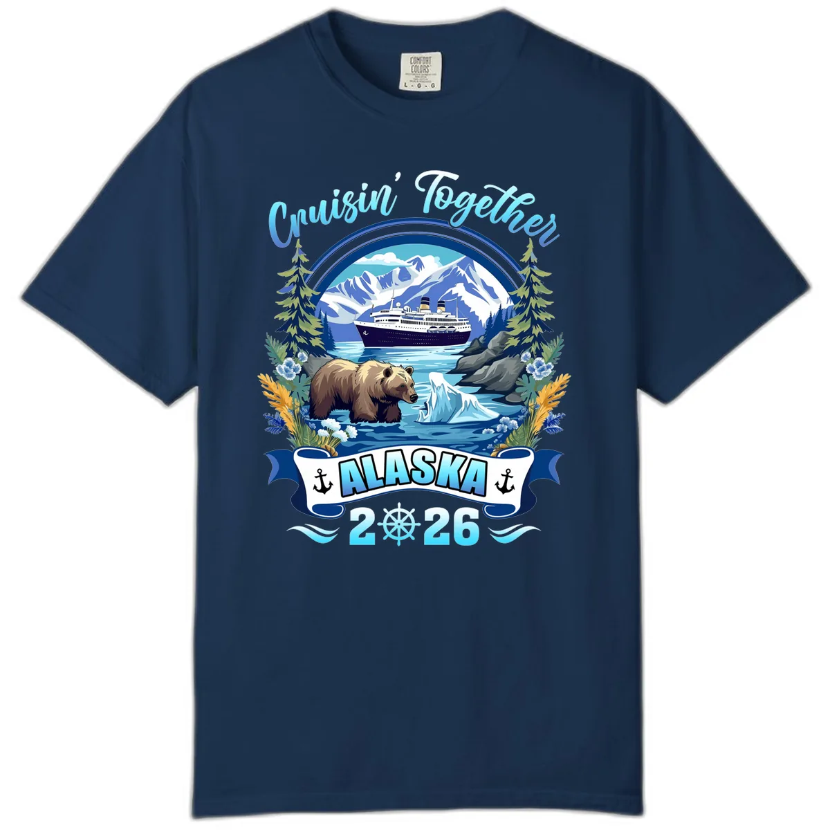 Alaskan Cruise Bear Ship Mountains 2026 Comfort Color in Navy