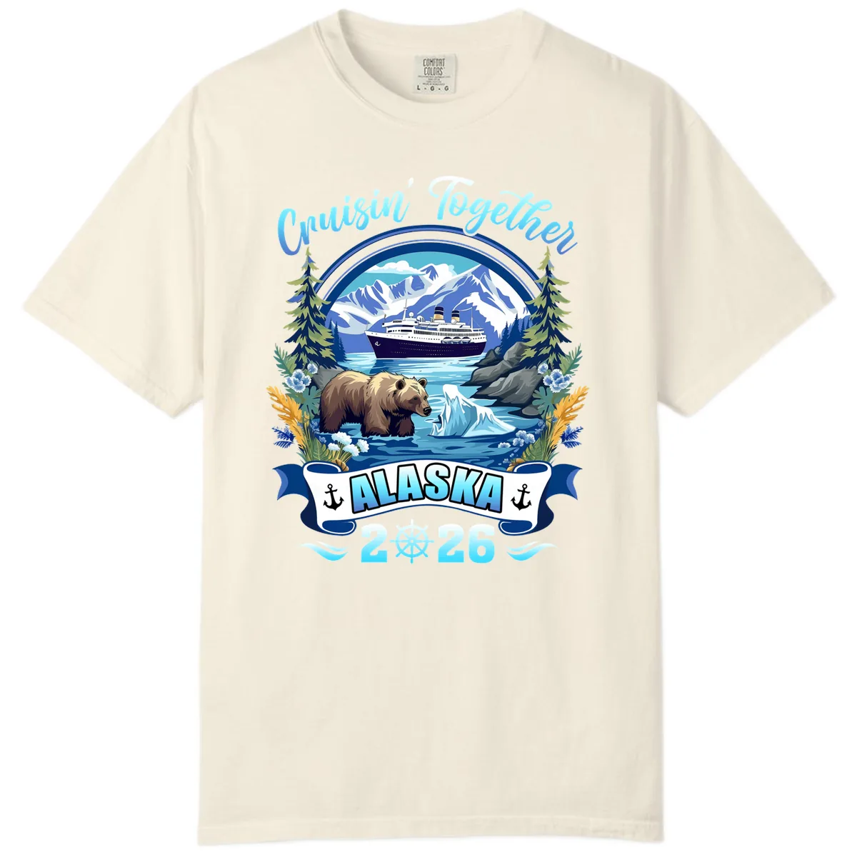 Alaskan Cruise Bear Ship Mountains 2026 Comfort Color in Ivory