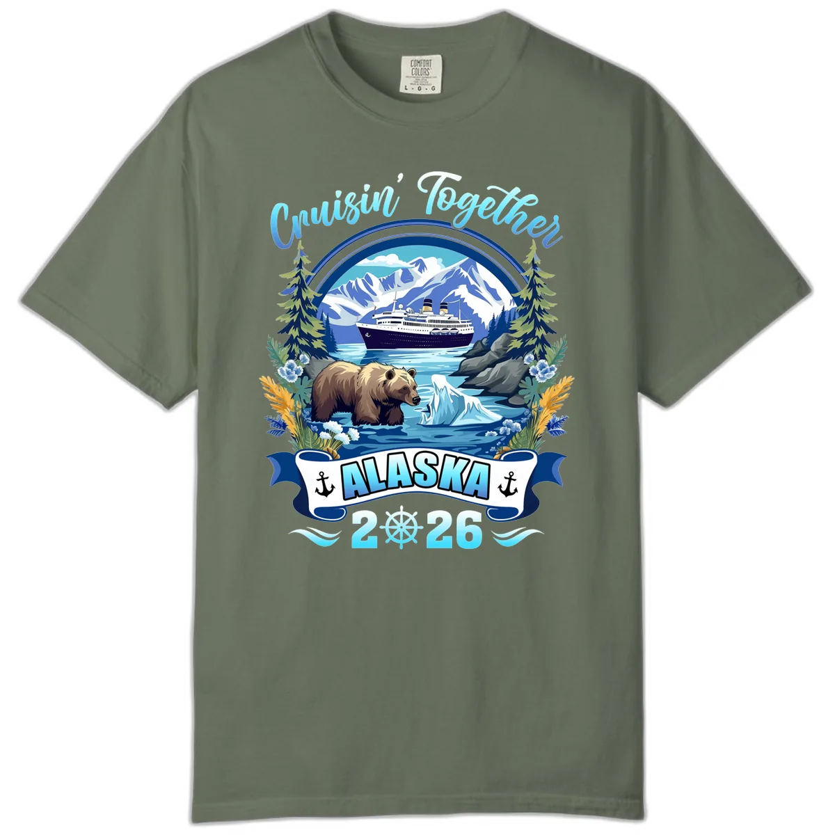 Alaskan Cruise Bear Ship Mountains 2026 Comfort Color in Moss