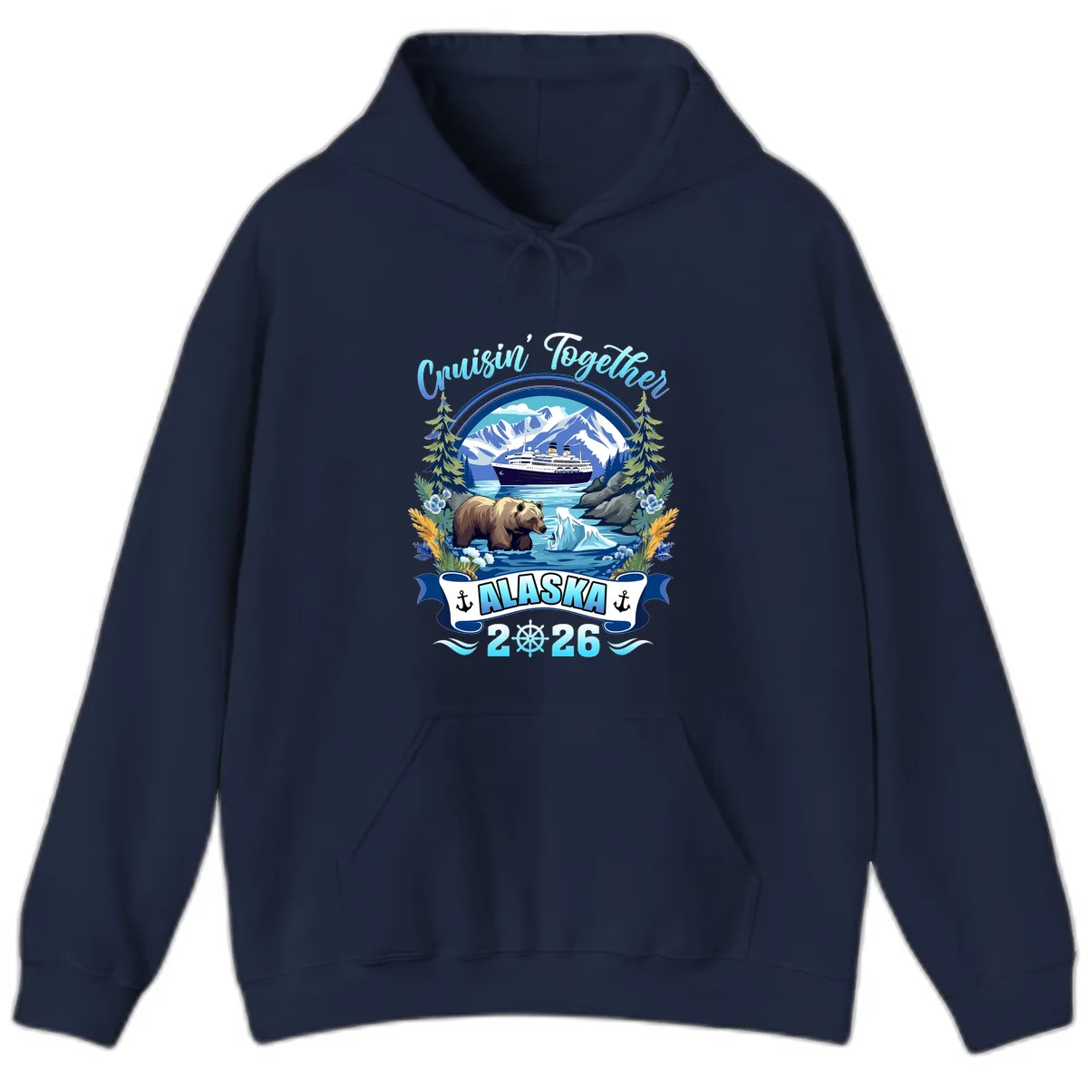 Alaskan Cruise Bear Ship Mountains 2026 Hoodie in Navy