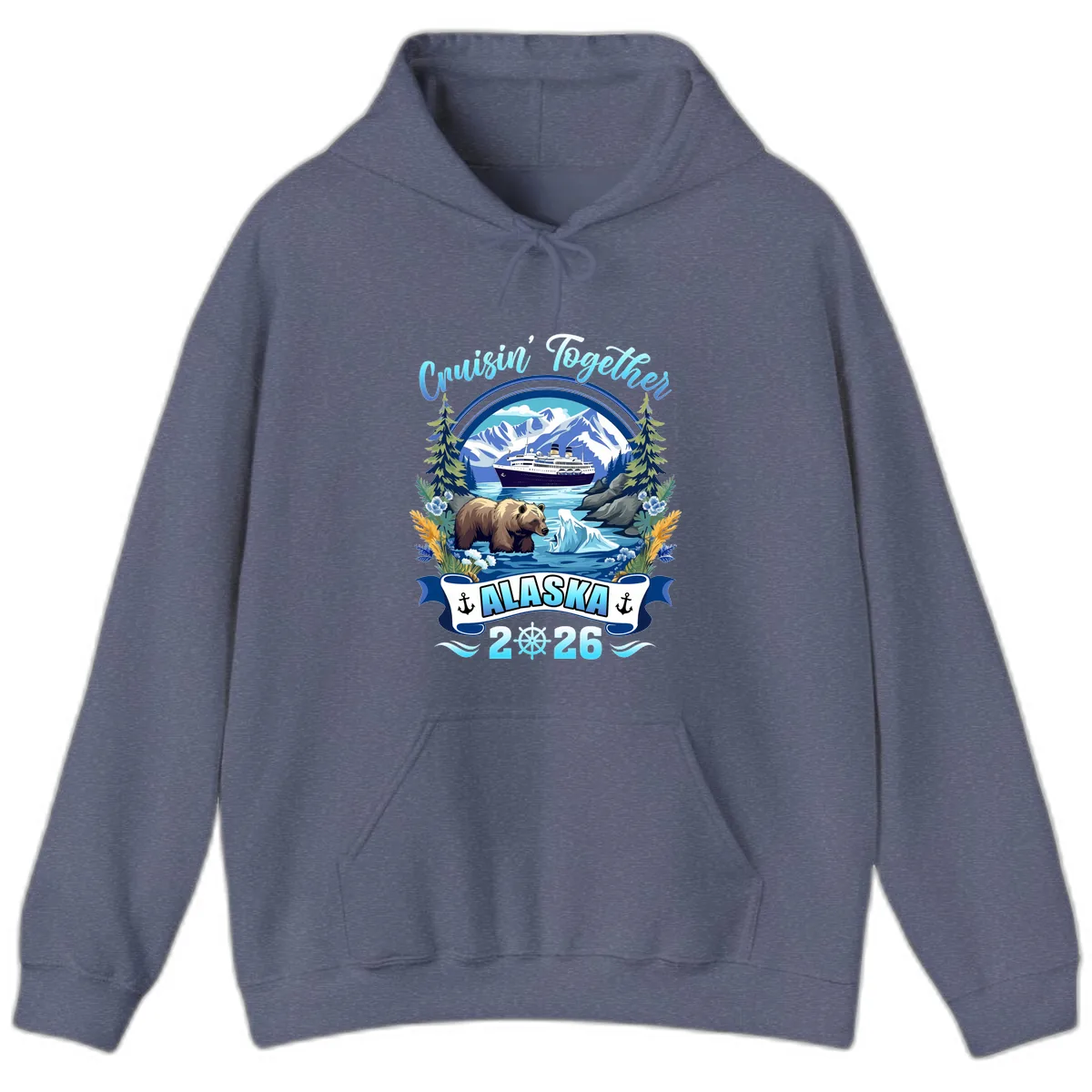 Alaskan Cruise Bear Ship Mountains 2026 Hoodie in Heather Navy