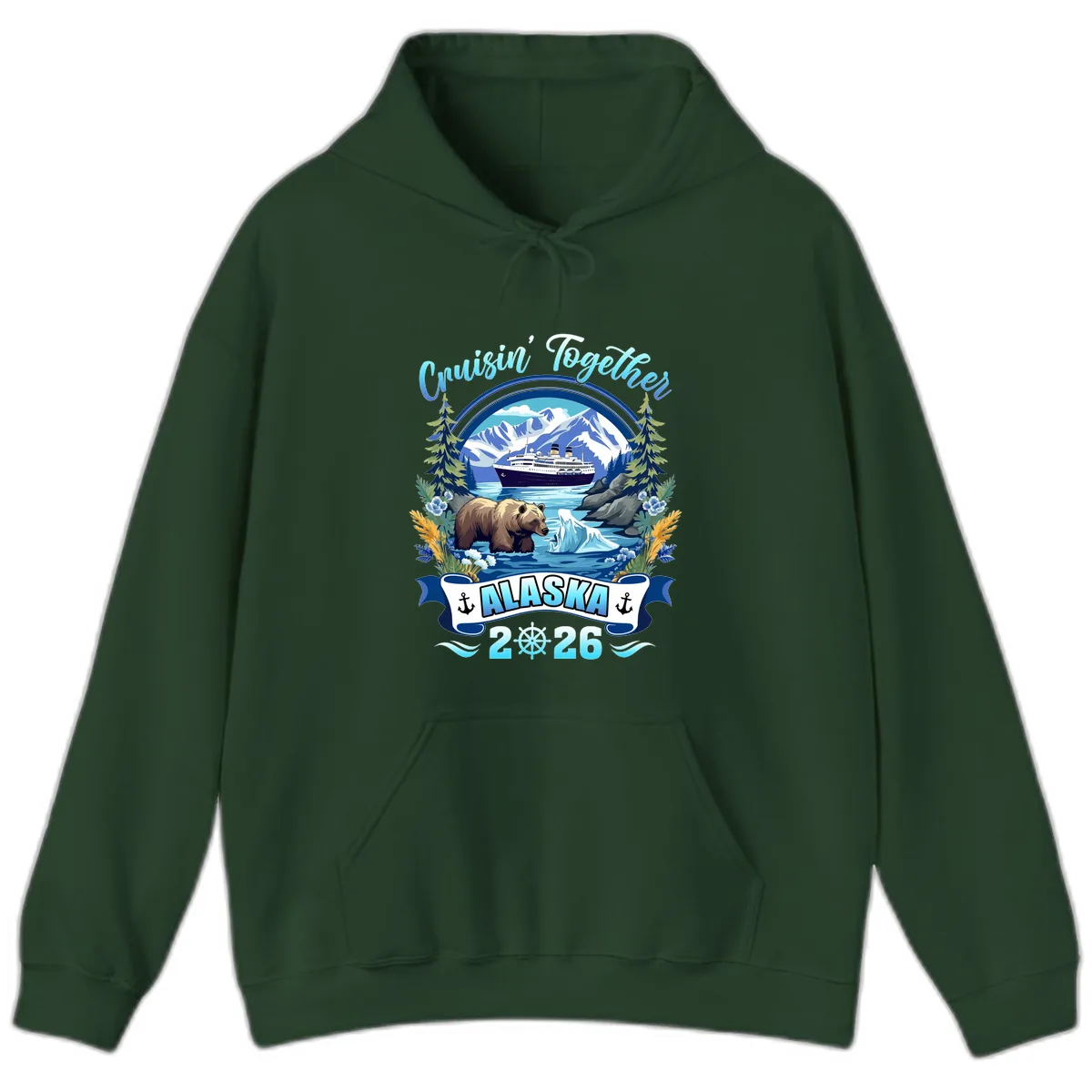 Alaskan Cruise Bear Ship Mountains 2026 Hoodie in Forest Green
